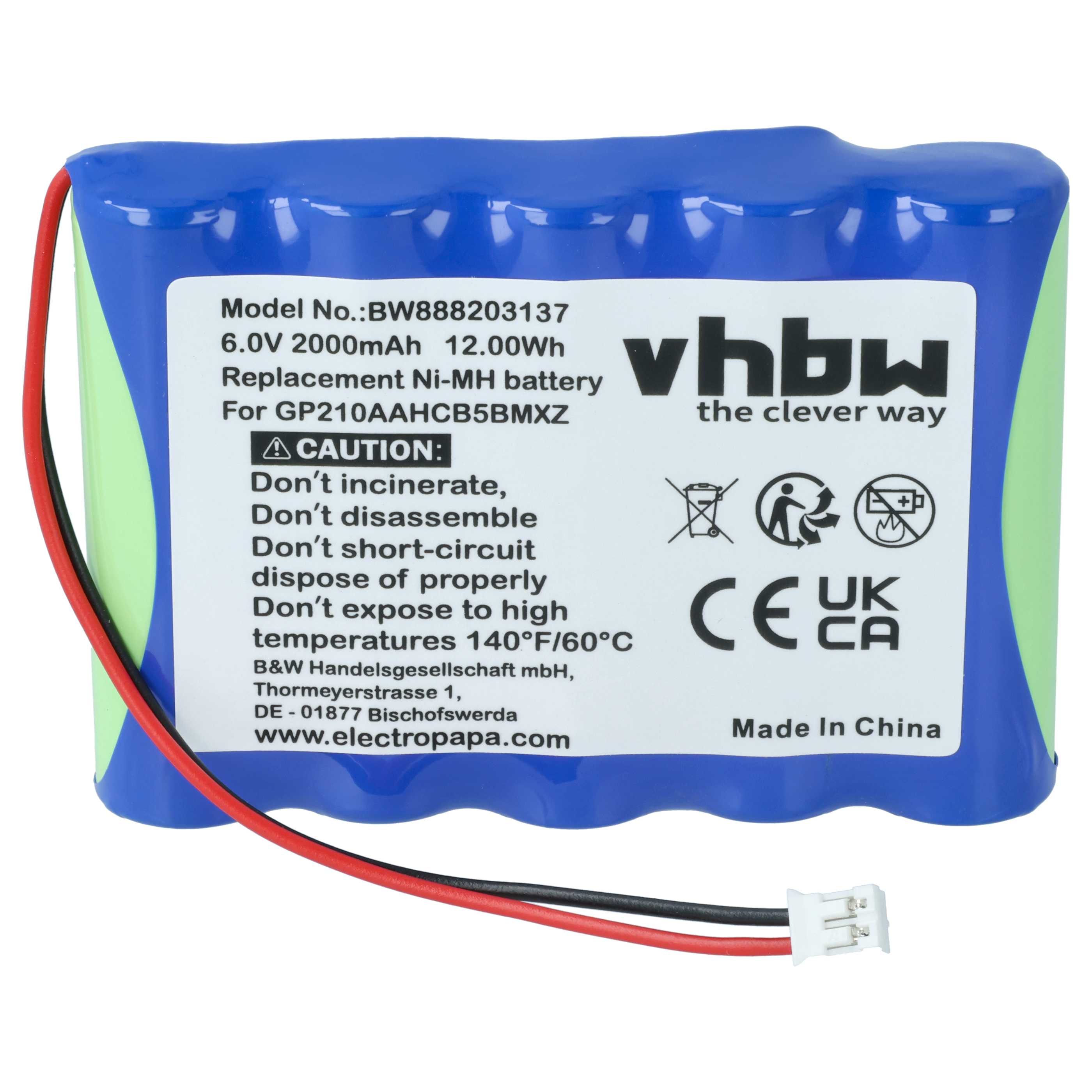 Batería reemplaza VDW GP210AAHCB5BMXZ para tecnología médica (2000 mAh, 6 V, NiMH)