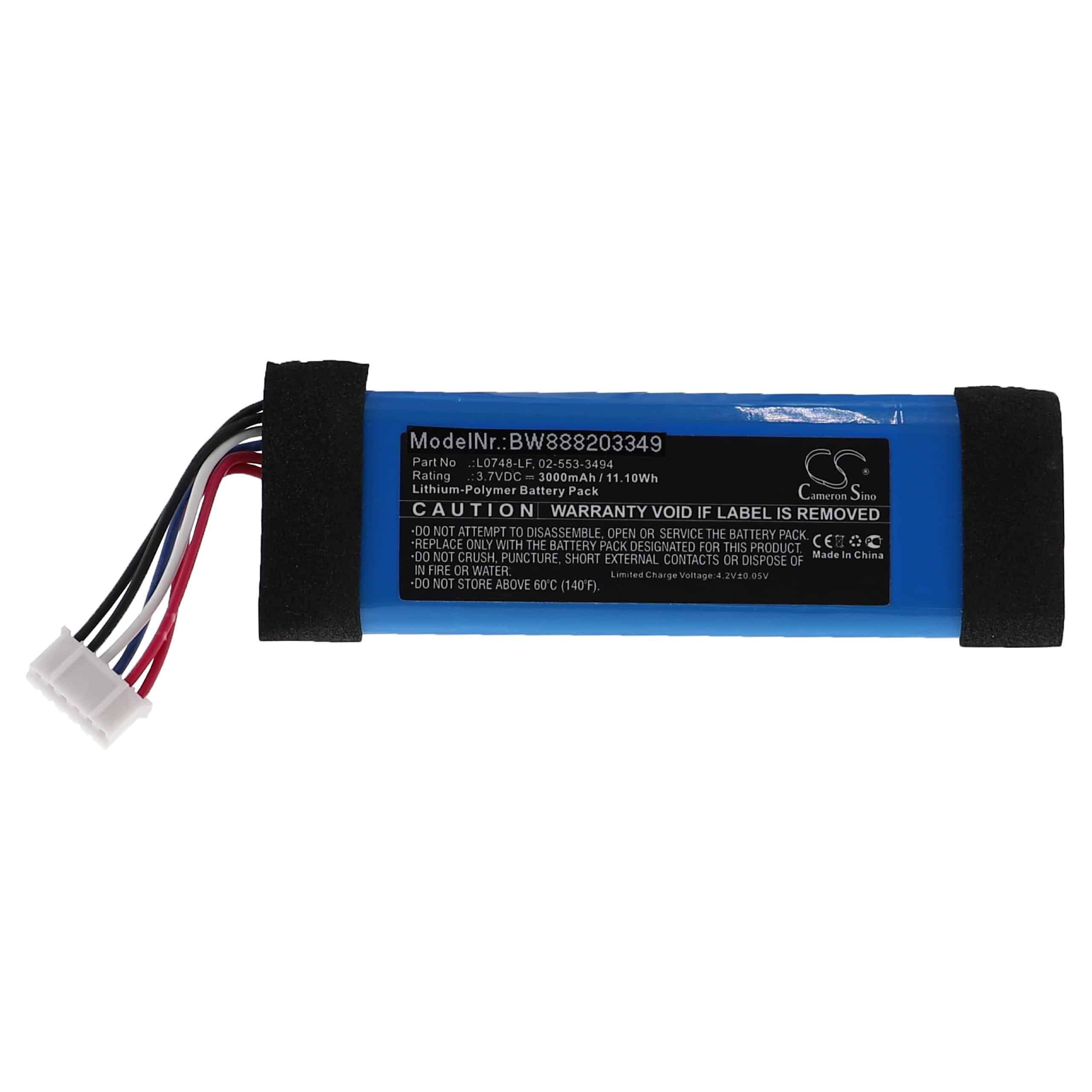 Batterie remplace JBL L0748-LF, GSP872693, 02-553-3494 pour enceinte JBL - 3000mAh 3,7V Li-polymère