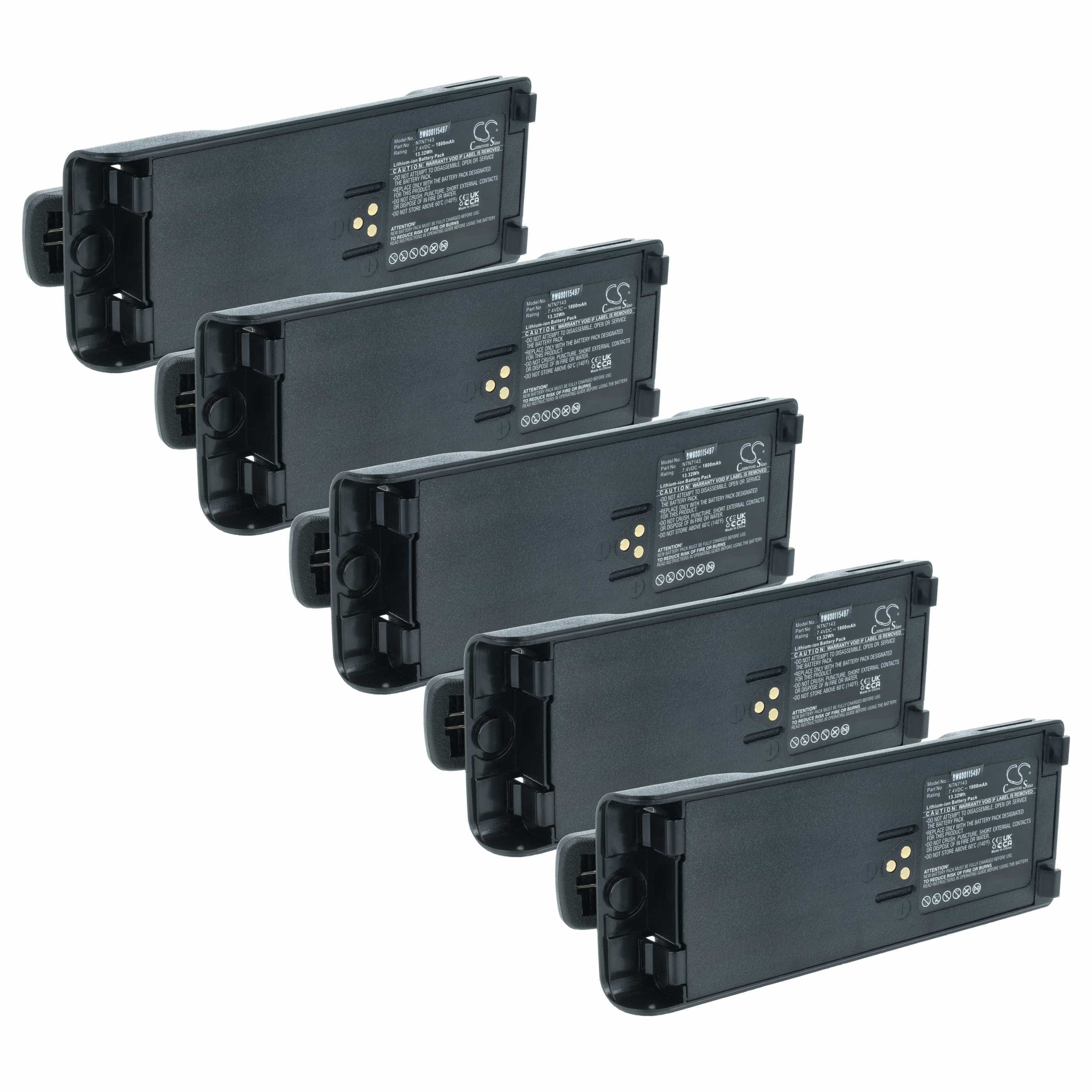 Radio 5x Battery replaces Motorola NTN7143A, NTN7143, FuG11b, NTN7143B - 1800 mAh 7.4 V Li-Ion + Belt Clip
