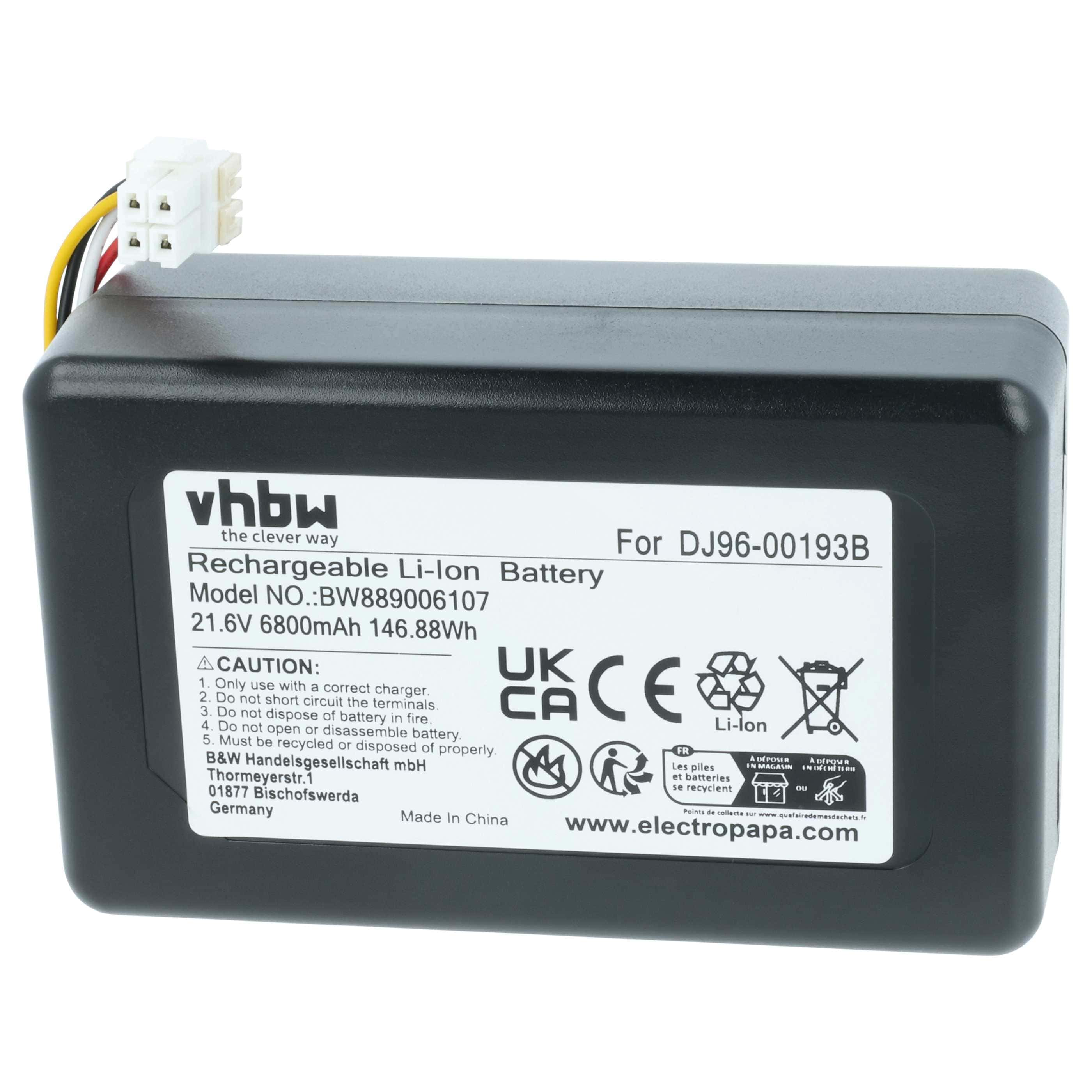 Battery replaces Samsung DJ96-00193F, DJ96-00193B, DJ68-00741V-00, VCA-RBT72 for Samsung 6800mAh, 21.6V, Li-Ion