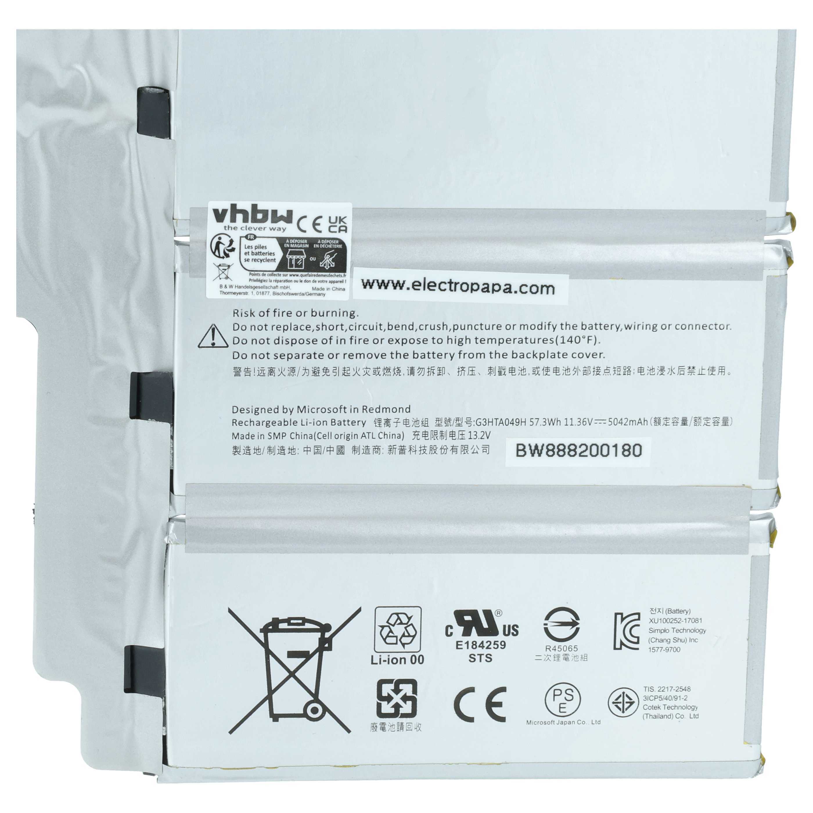 Batterie remplace Microsoft G3HTA049H pour ordinateur portable Microsoft- 5000mAh 11,36V Li-polymère