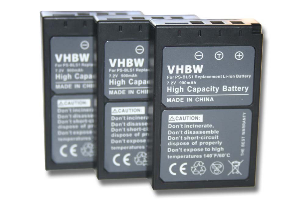 Battery (3 Units) Replacement for Olympus PS-BLS1 - 900mAh, 7.2V, Li-Ion