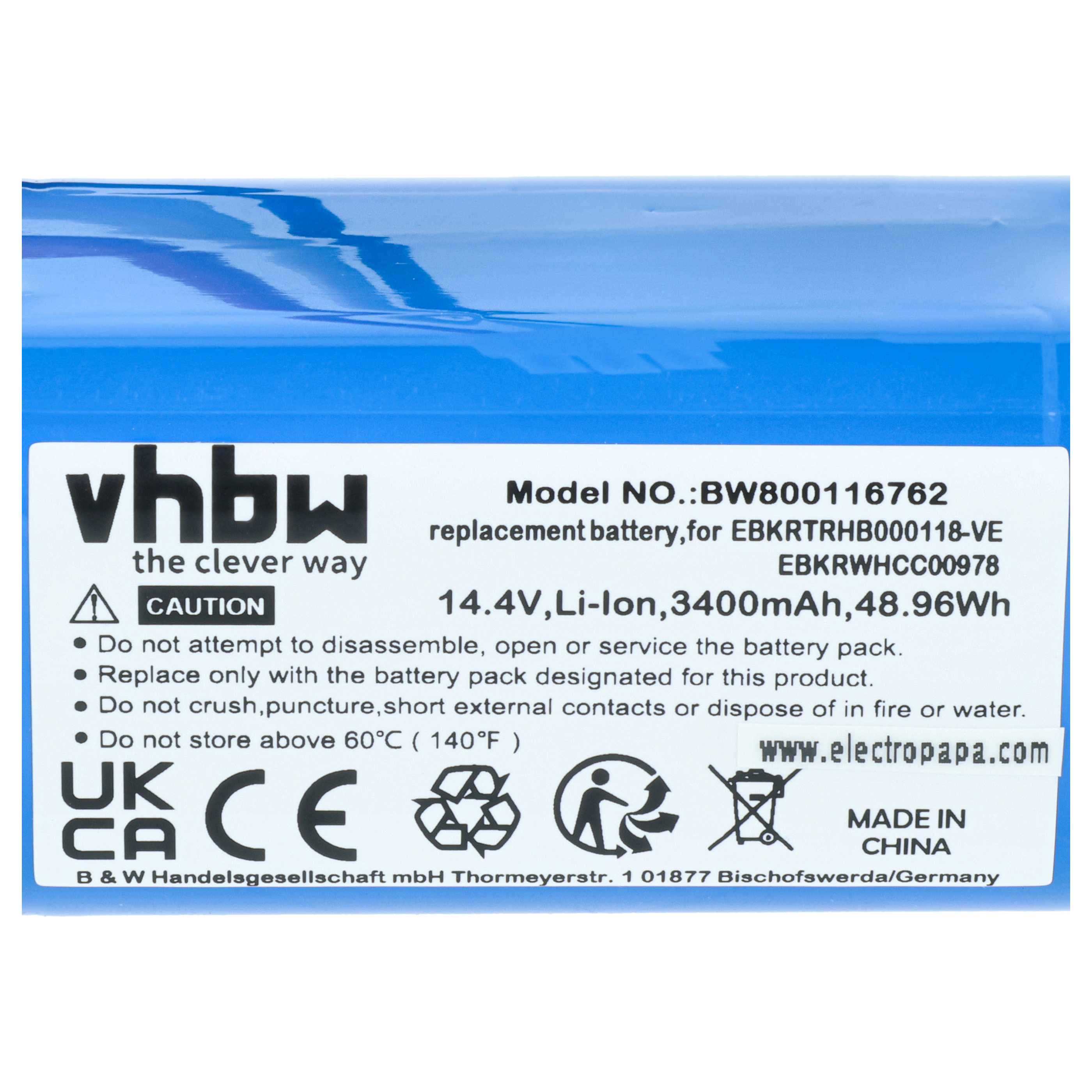Battery replaces iClebo EBKRTRHB000118-VE, EBKRWHCC00978 for iClebo etc. 3400mAh, 14.4V, Li-Ion