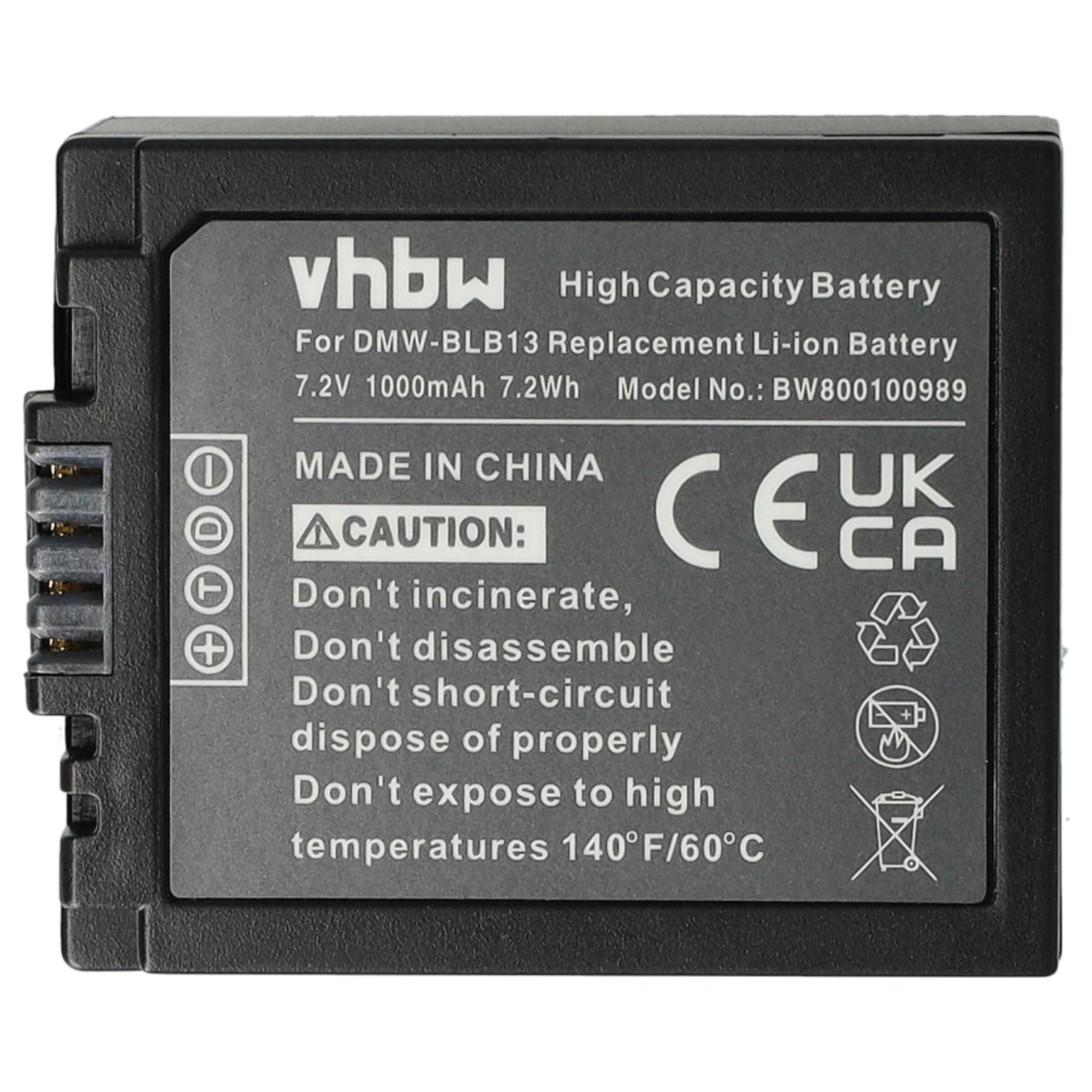 2x Battery replaces Panasonic DMW-BLB13E, DMW-BLB13 - 1000mAh, 7.2V, Li-Ion