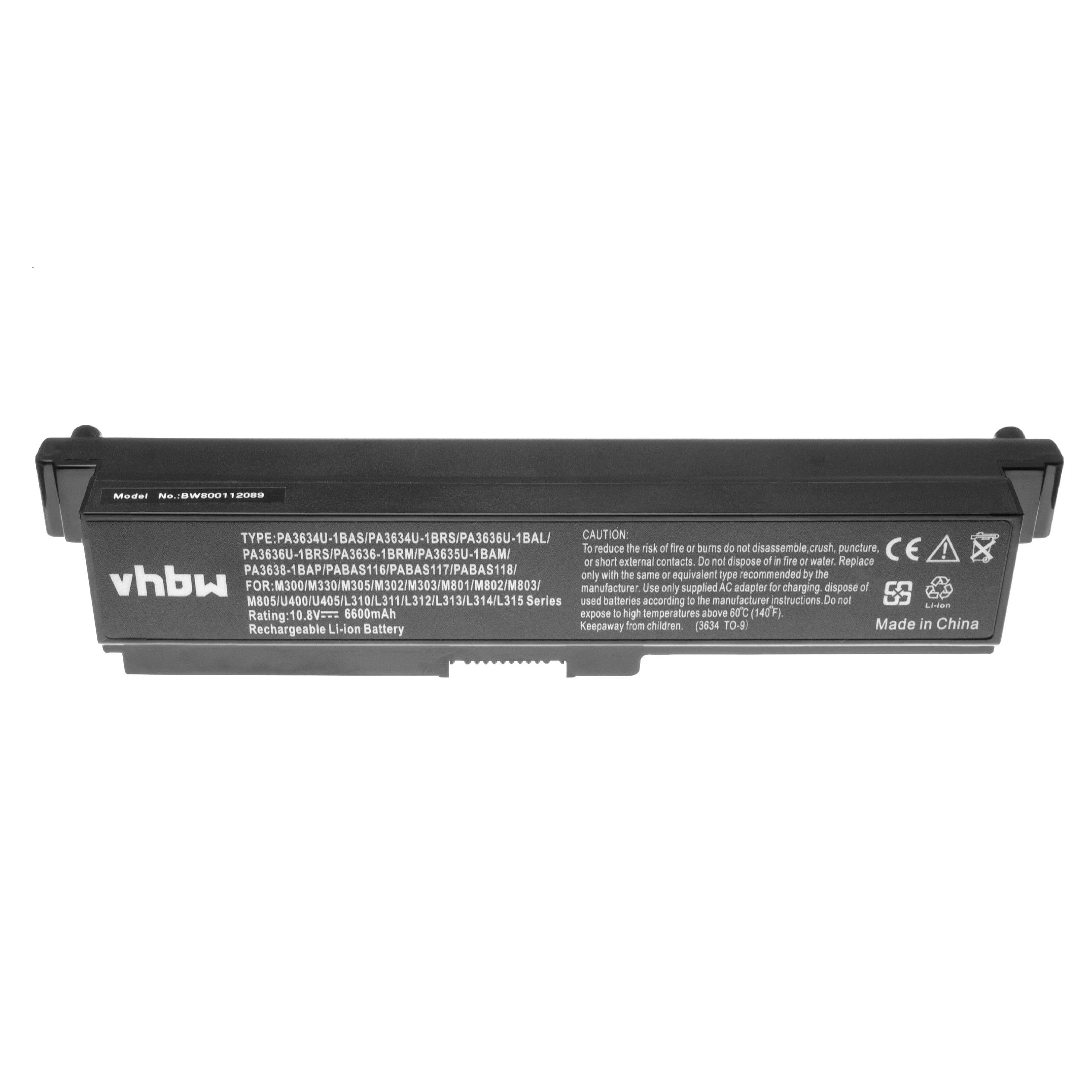 Batterie remplace Toshiba PA3635U-1BAM, PA3634U-1BAS pour ordinateur portable - 6600mAh 10,8V Li-ion, noir