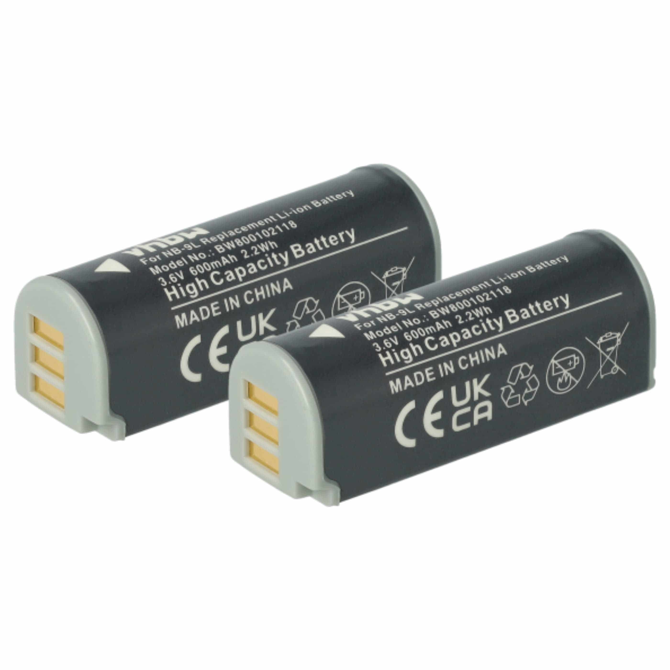 2x Battery replaces Canon NB-9L - 600mAh, 3.6V, Li-Ion