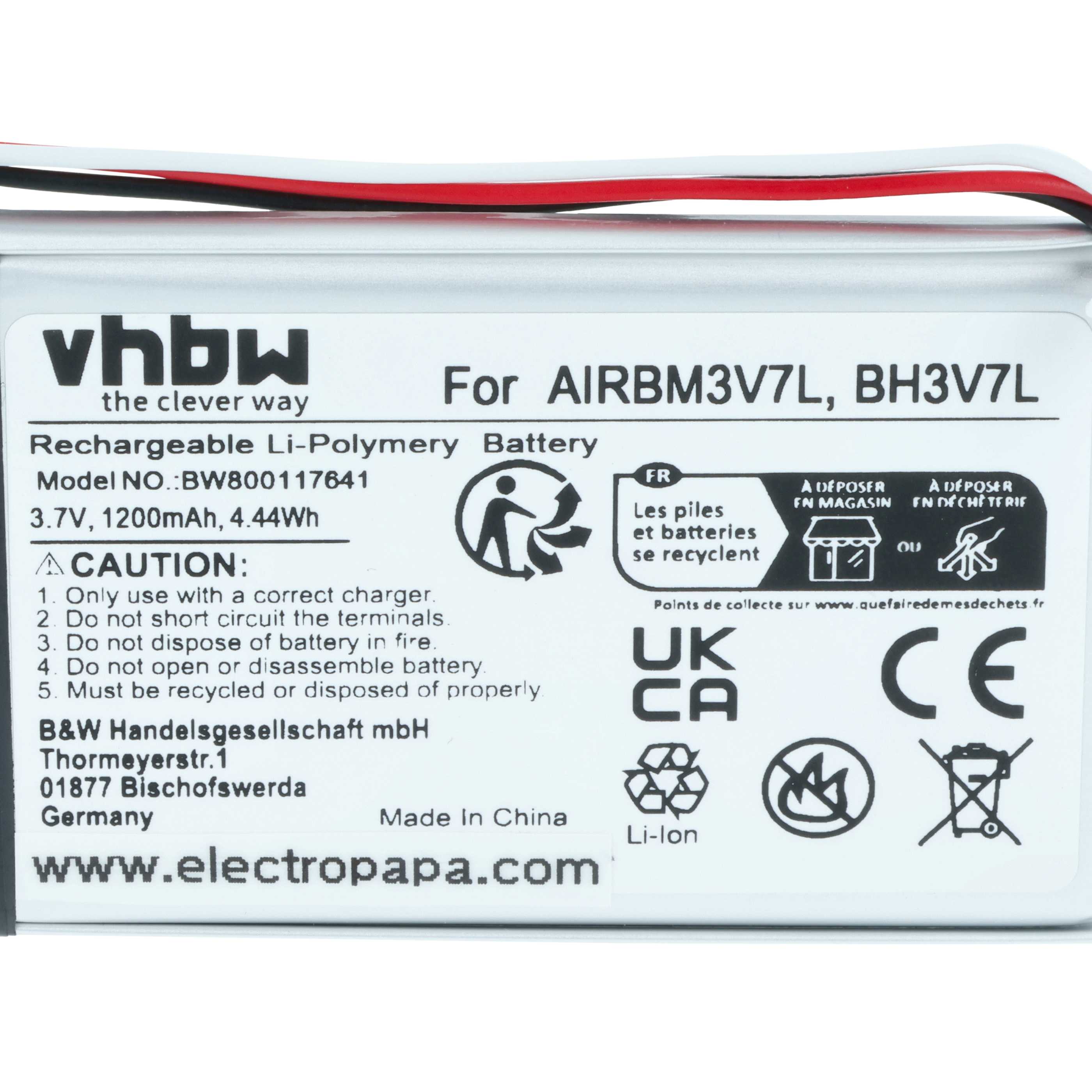 Batería reemplaza Autec R0BATT00E0018, AIRBM3V7L, BH3V7L sistema control - 1200mAh 3,7V Li-Polímero