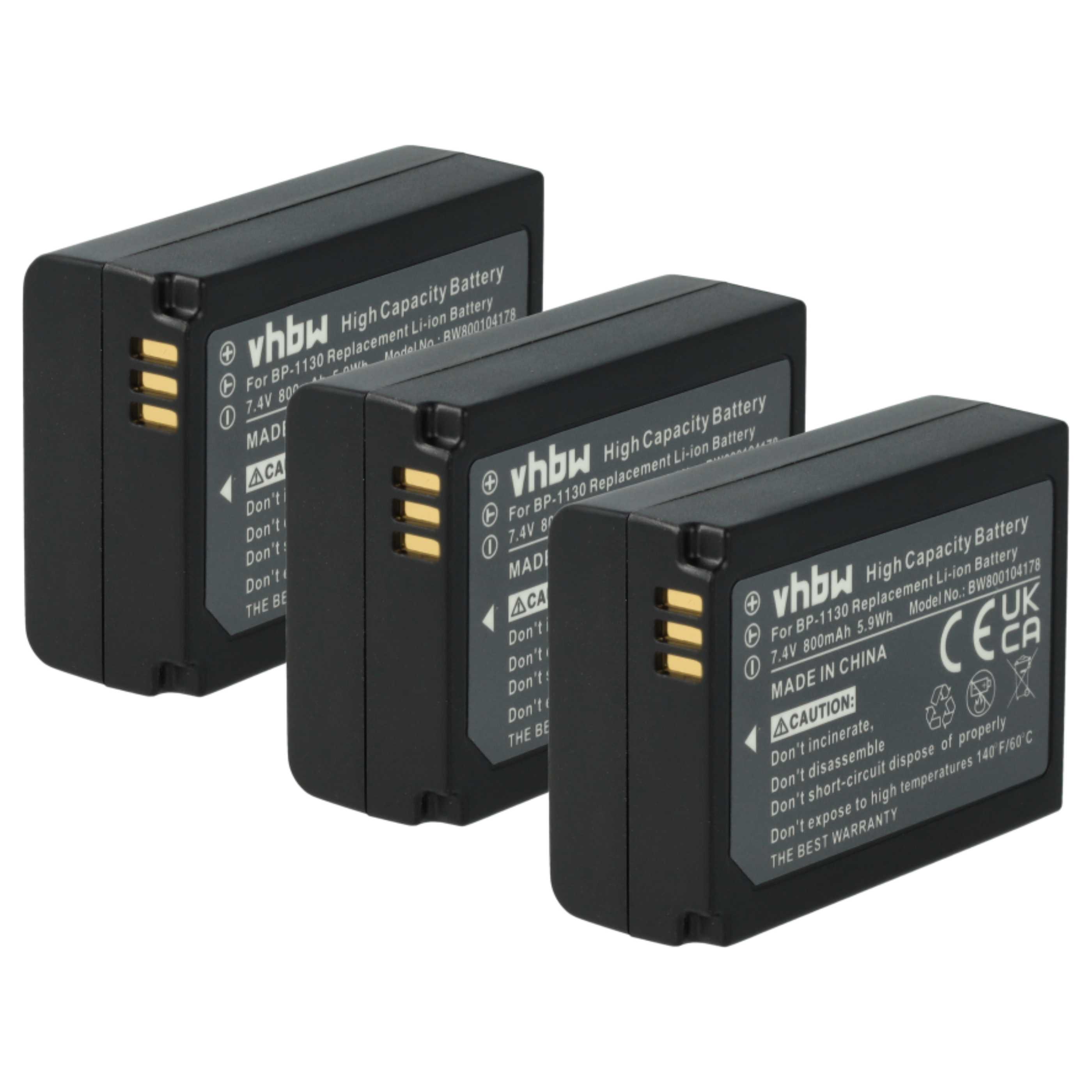 Kamera-Akku (3 Stück) als Ersatz für Samsung BP-1130, BP1130, ED-BP1130 - 800mAh 7,4V Li-Ion