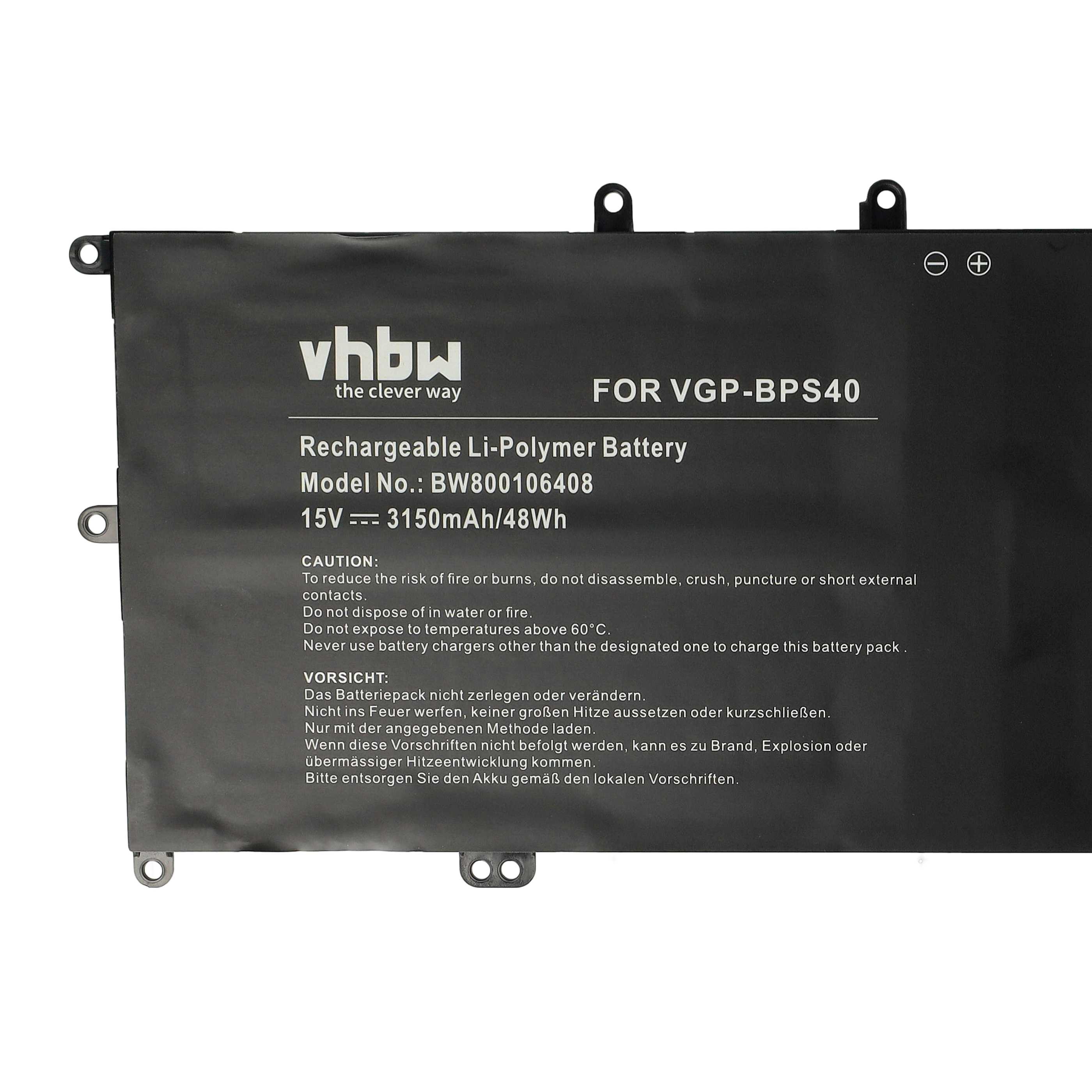 Notebook Battery Replacement for Sony VGP-BPS40 - 3150 mAh 15 V Li-polymer, black