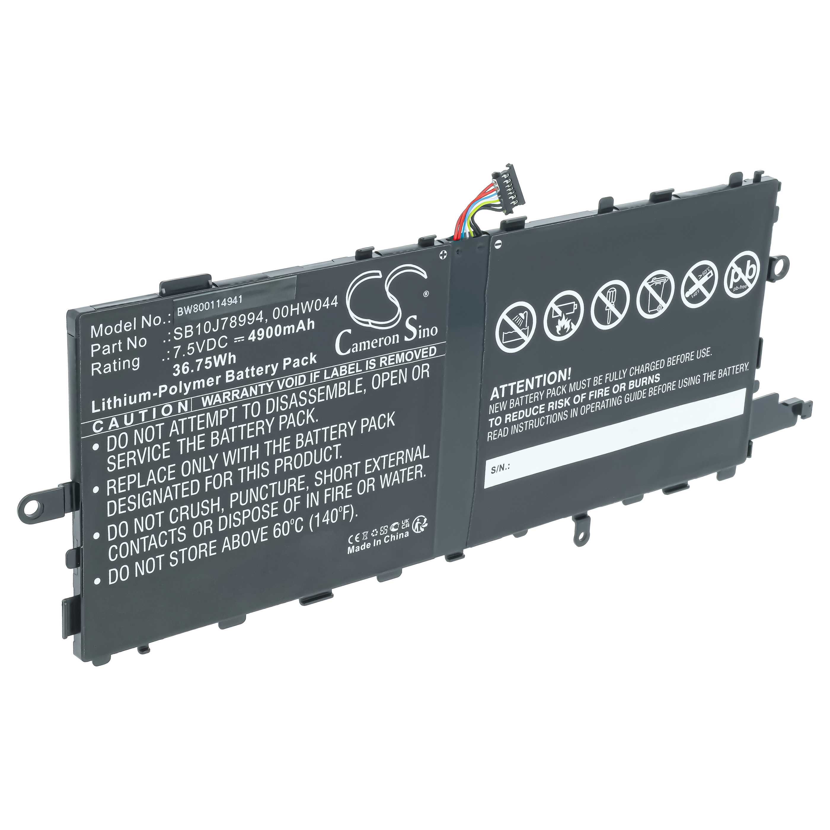 Batterie remplace Lenovo 00HW04, 00HW044, 00HW045, 00HW046, SB10J78993 tablette - 4900mAh 7,5V Li-polymère