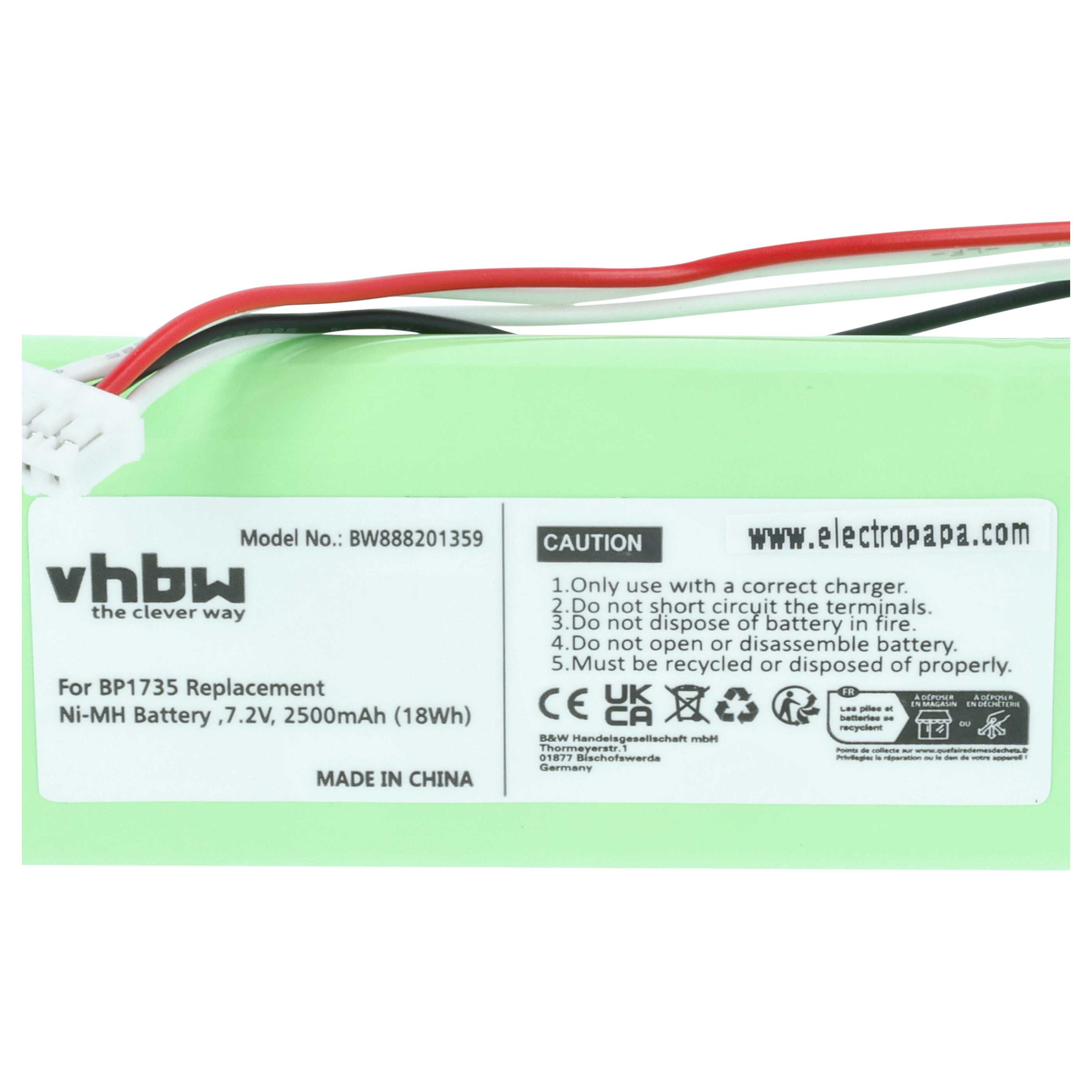 Batería reemplaza Fluke BP1735 para dispositivo medición (2500 mAh, 7,2 V, NiMH)