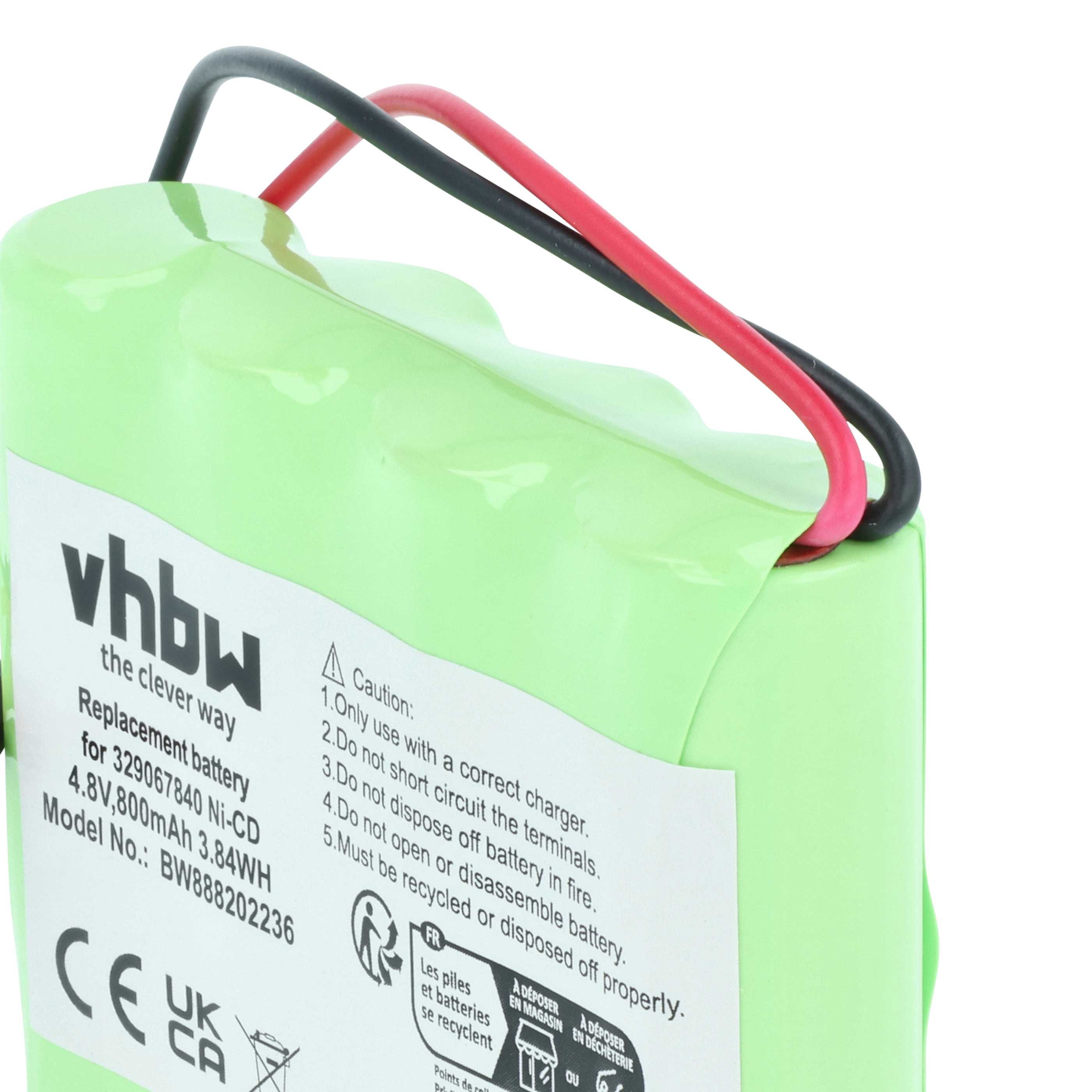 Batería reemplaza Schneider 4BD-AA800BT, 329067840 para iluminación emergencia (800 mAh, 4,8 V, NiCd)