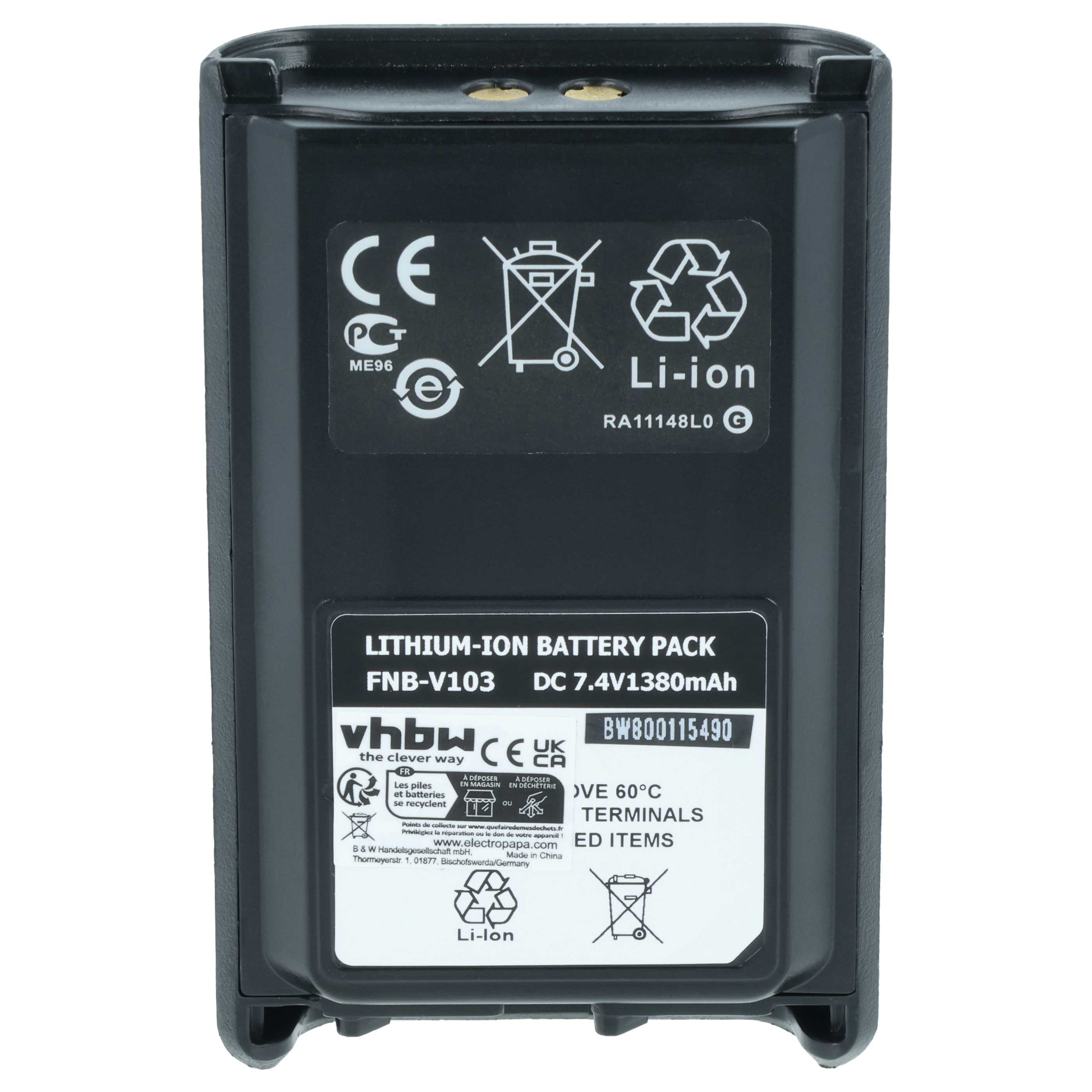 Radio 2x Battery replaces Yaesu Vertex FNB-V103, FNB-V104, FNB-V103LI, FNB-V104LI - 1380 mAh 7.4 V Li-Ion