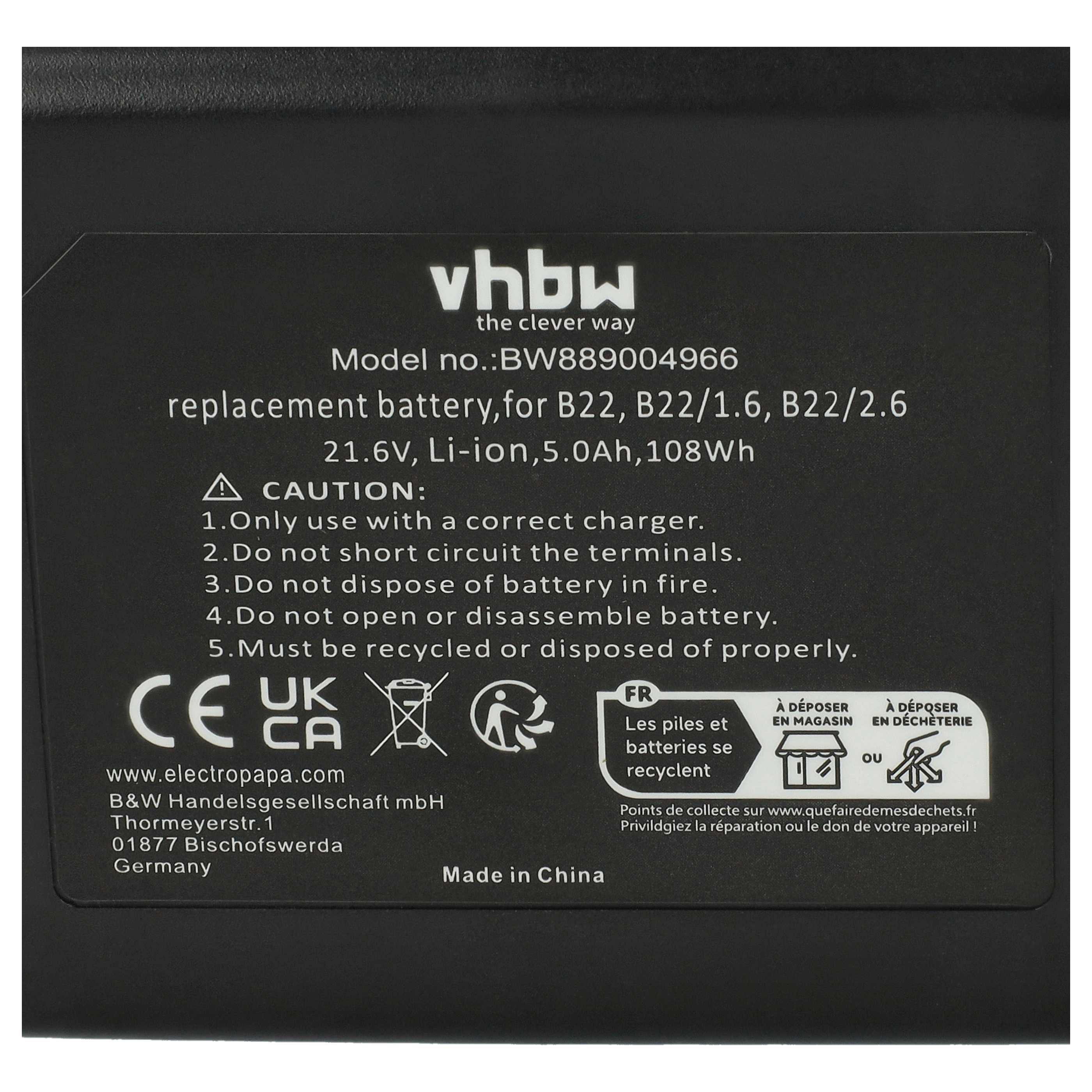 Akku 21,6V als Ersatz für 2018498, 2136393, 2136395, 2183185, B22, B22/1.6, B22/2.6, 426176 - 5Ah, Li-Ion