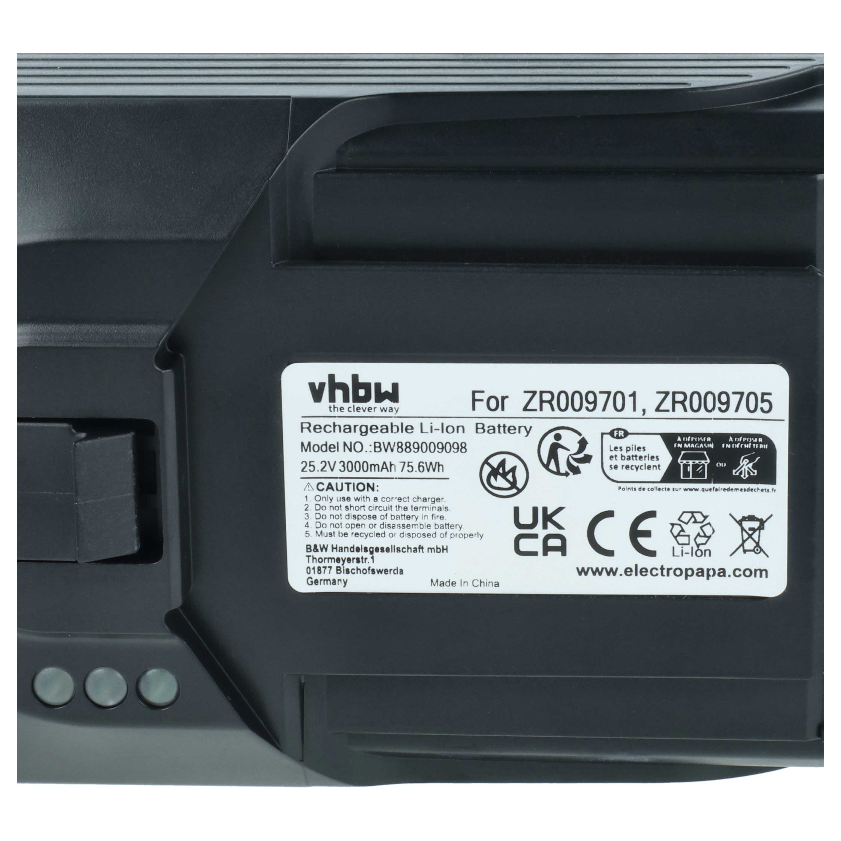 Battery replaces Rowenta ZR009705, ZR009701 for Rowenta 3000mAh, 25.2V, Li-Ion