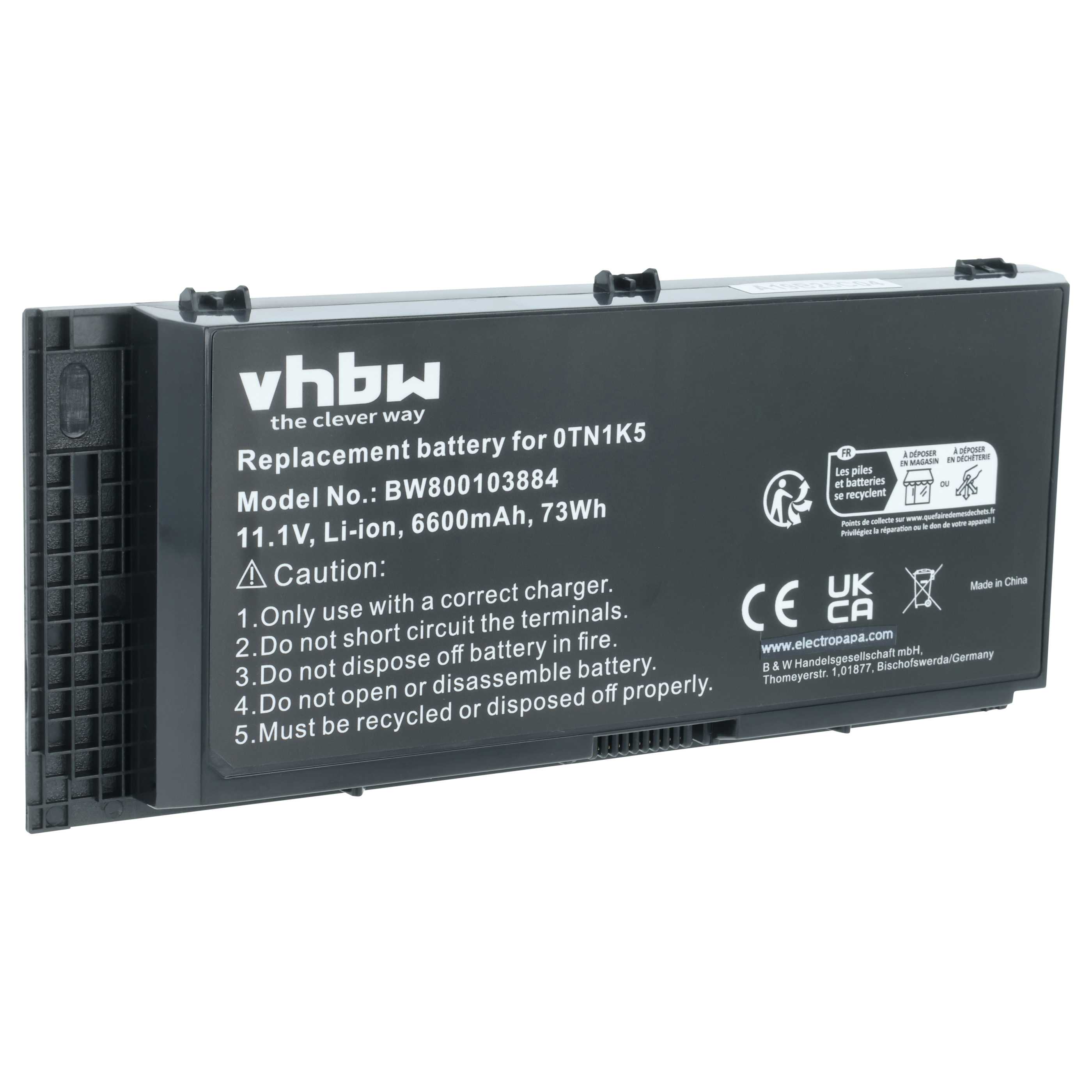 Batteria sostituisce Dell 0JHYP2, 0FVWT4, 0R7PND, 0PG6RC, 0RY6WH per notebook - 6600mAh 11,1V Li-Ion nero