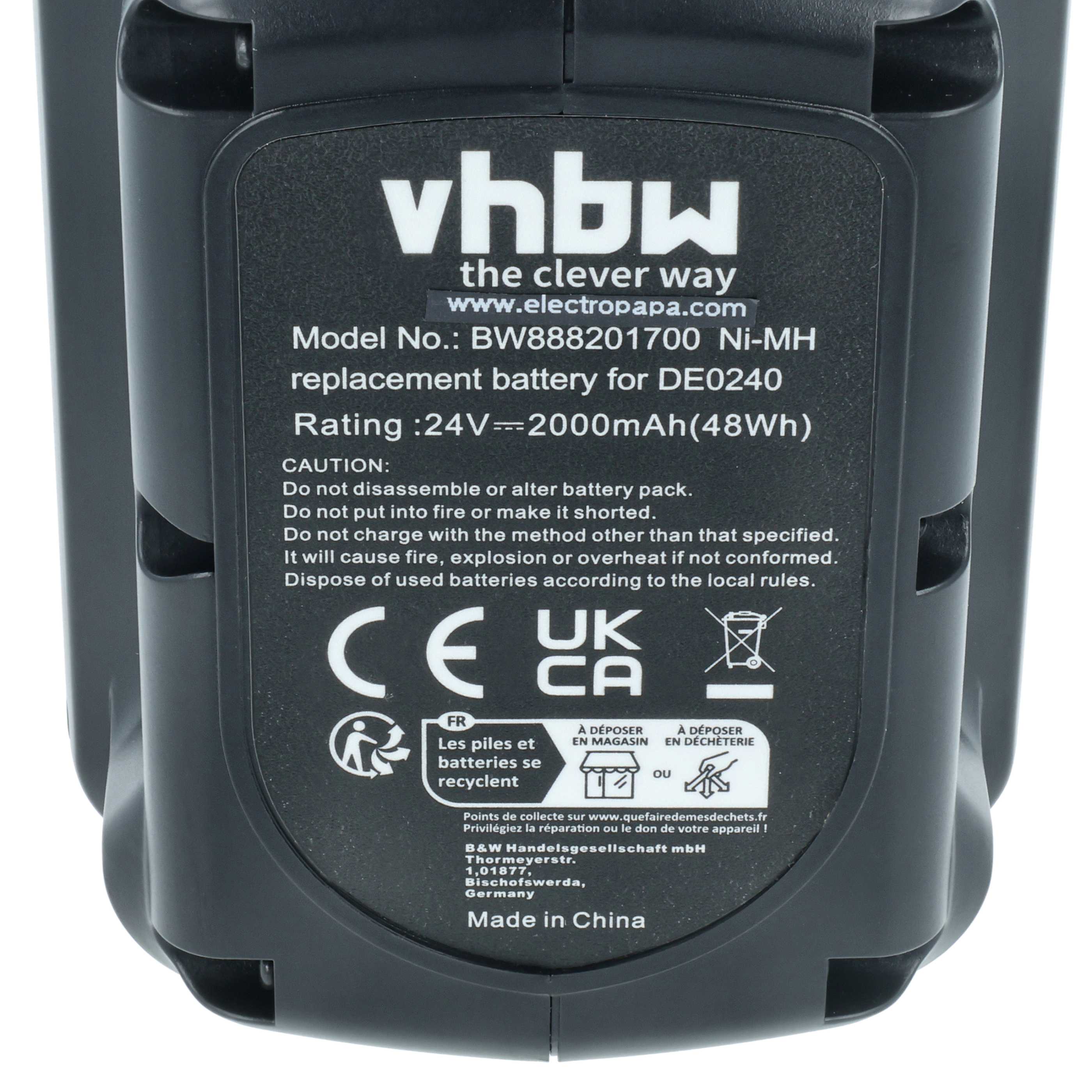 Batteria sostituisce Dewalt DE0242, BHA24, DE0240, DE0241, DE0240-XJ, DE0243 per attrezzo - 2000mAh 24V NiMH
