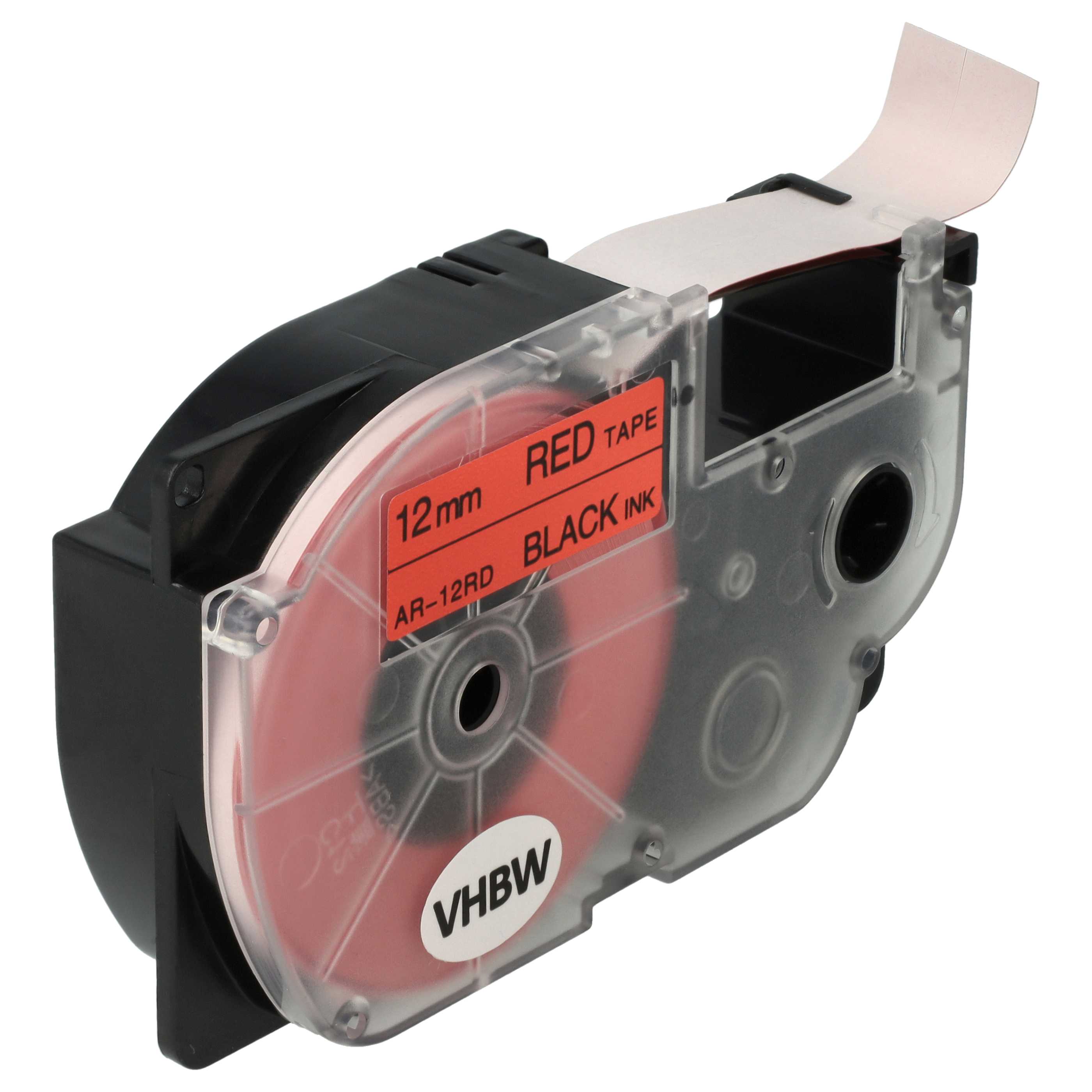Schriftband als Ersatz für Casio XR-12RD1, XR-12RD - 12mm Schwarz auf Rot, Kunststoff