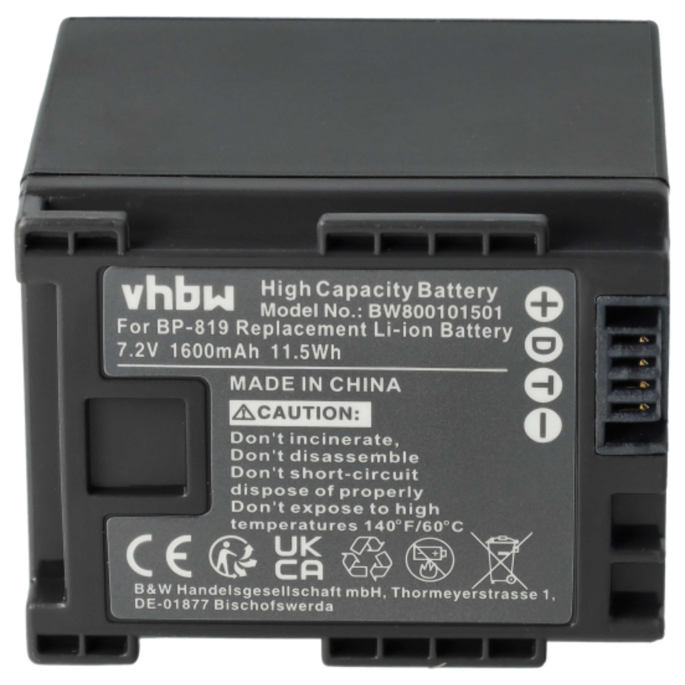 Videocamera 2x Battery replaces Canon 2740B002, BP-819 - 1600 mAh 7.2 V Li-Ion