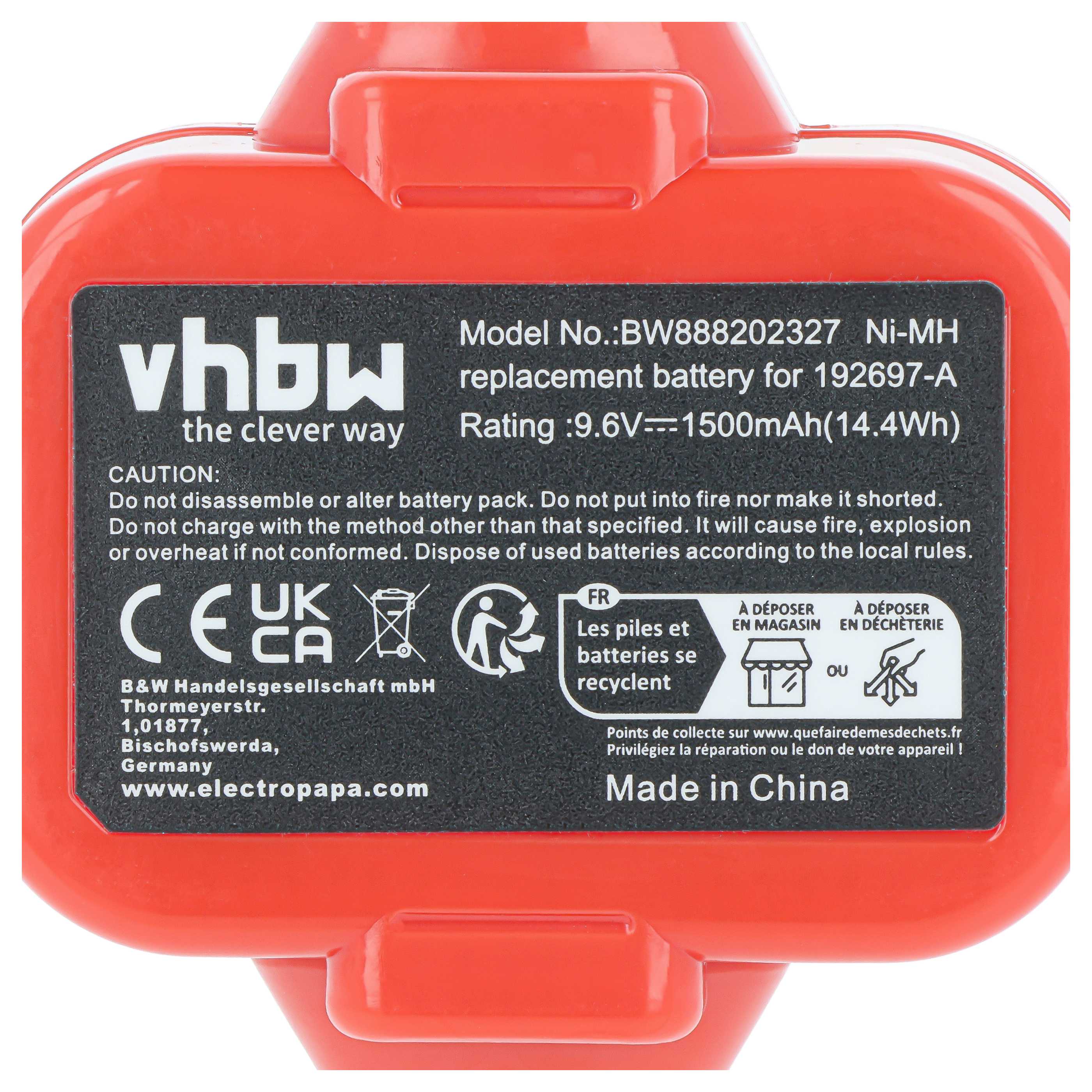 Batería para herramienta reemplaza Makita 192638-6, 192596-6, 192697-A, 192595-8 - 1500 mAh, 9,6 V, NiMH