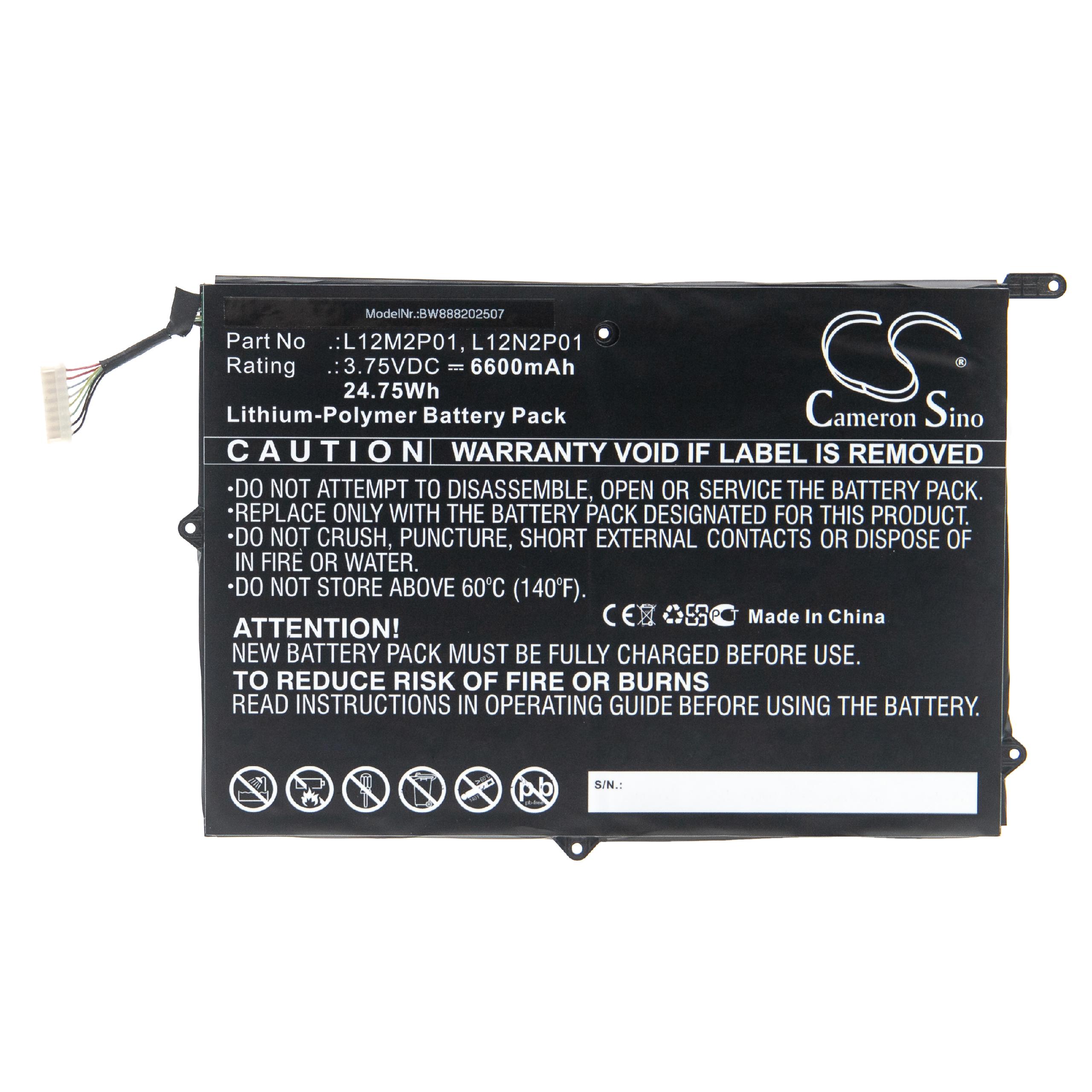 Batterie remplace Lenovo 1ICP4/83/102-2, 1ICP4/83/103-2, 121500184 pour tablette - 6600mAh 3,75V Li-polymère