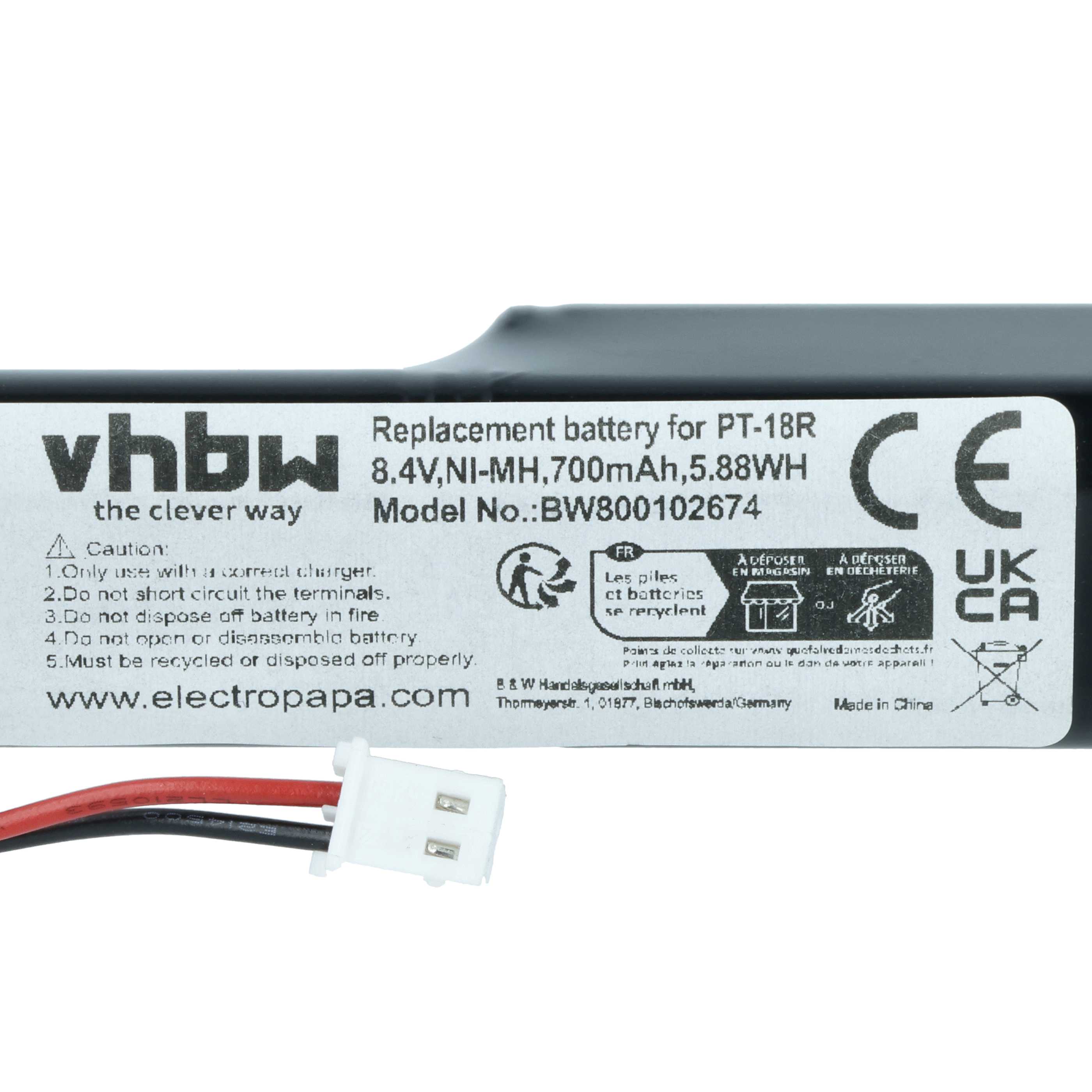Batteria sostituisce Brother BBP-18, LN6044001, BA-18R, PT-18R per stampante - 700mAh 8,4V NiMH
