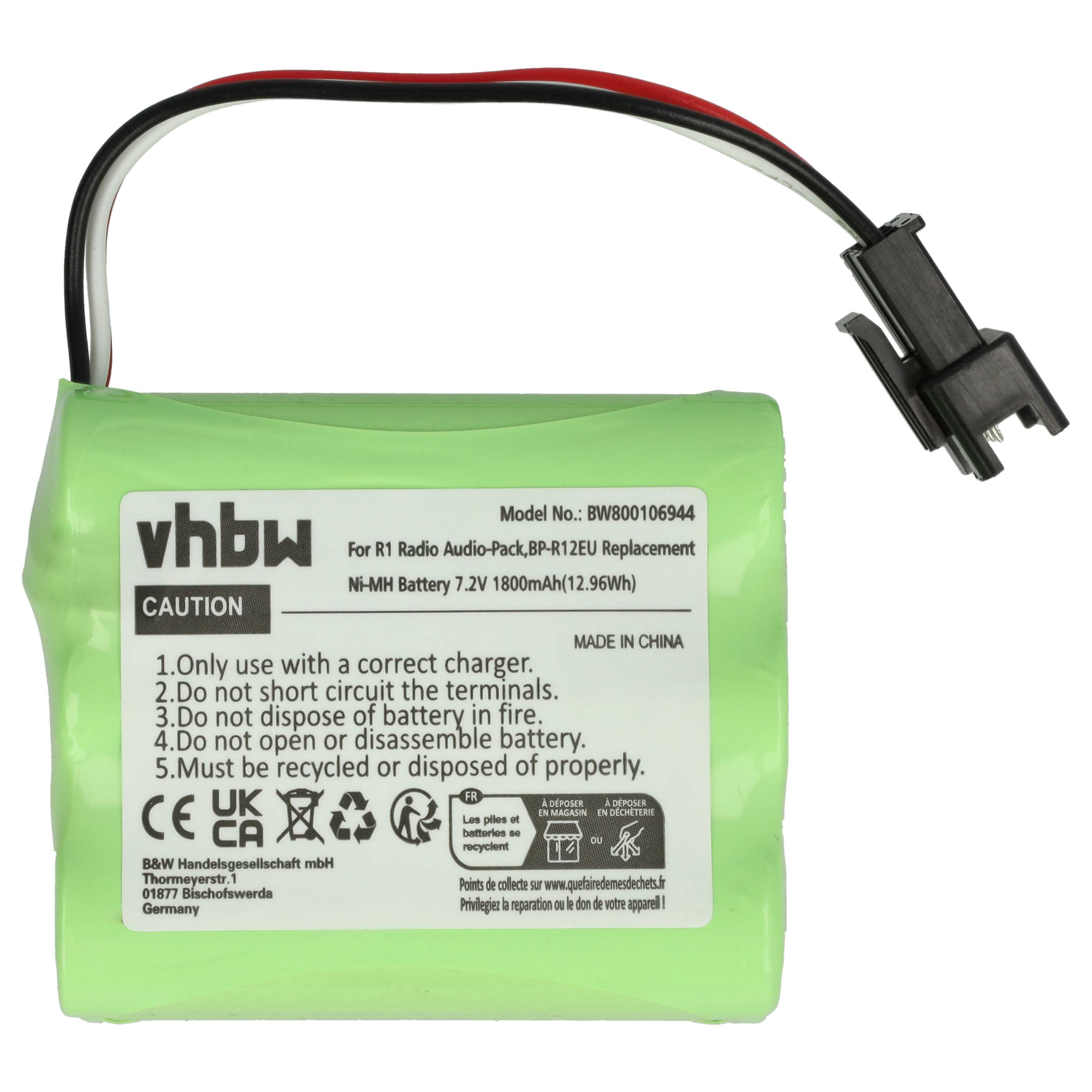 Batterie remplace Teac BP-R1, BP-R12EU, BP-R1EU, BP-R2, BP-R5 radio - 1800mAh 7,2V NiMH