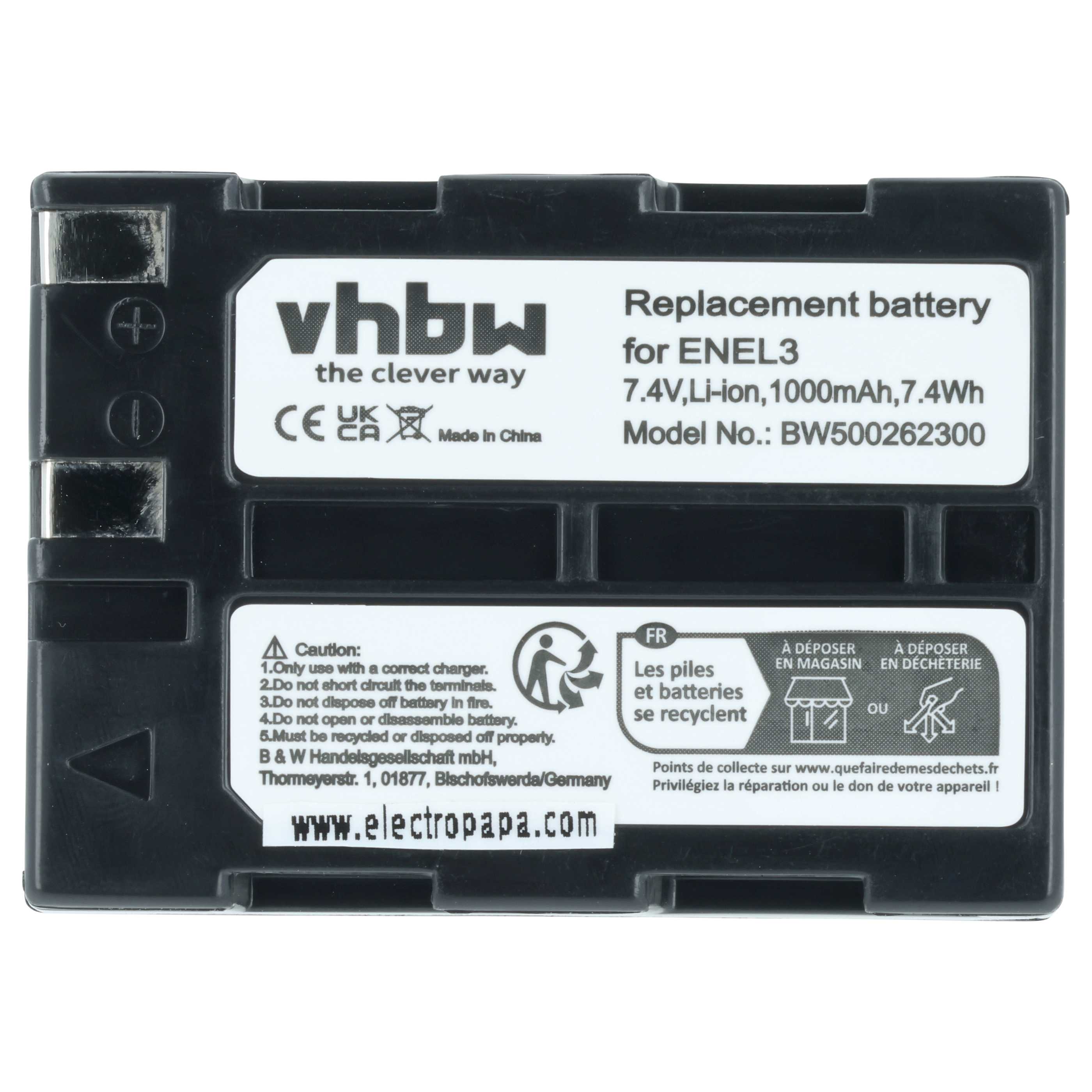 Battery replaces Nikon EN-EL3, EN-EL3a - 1000mAh, 7.2V, Li-Ion