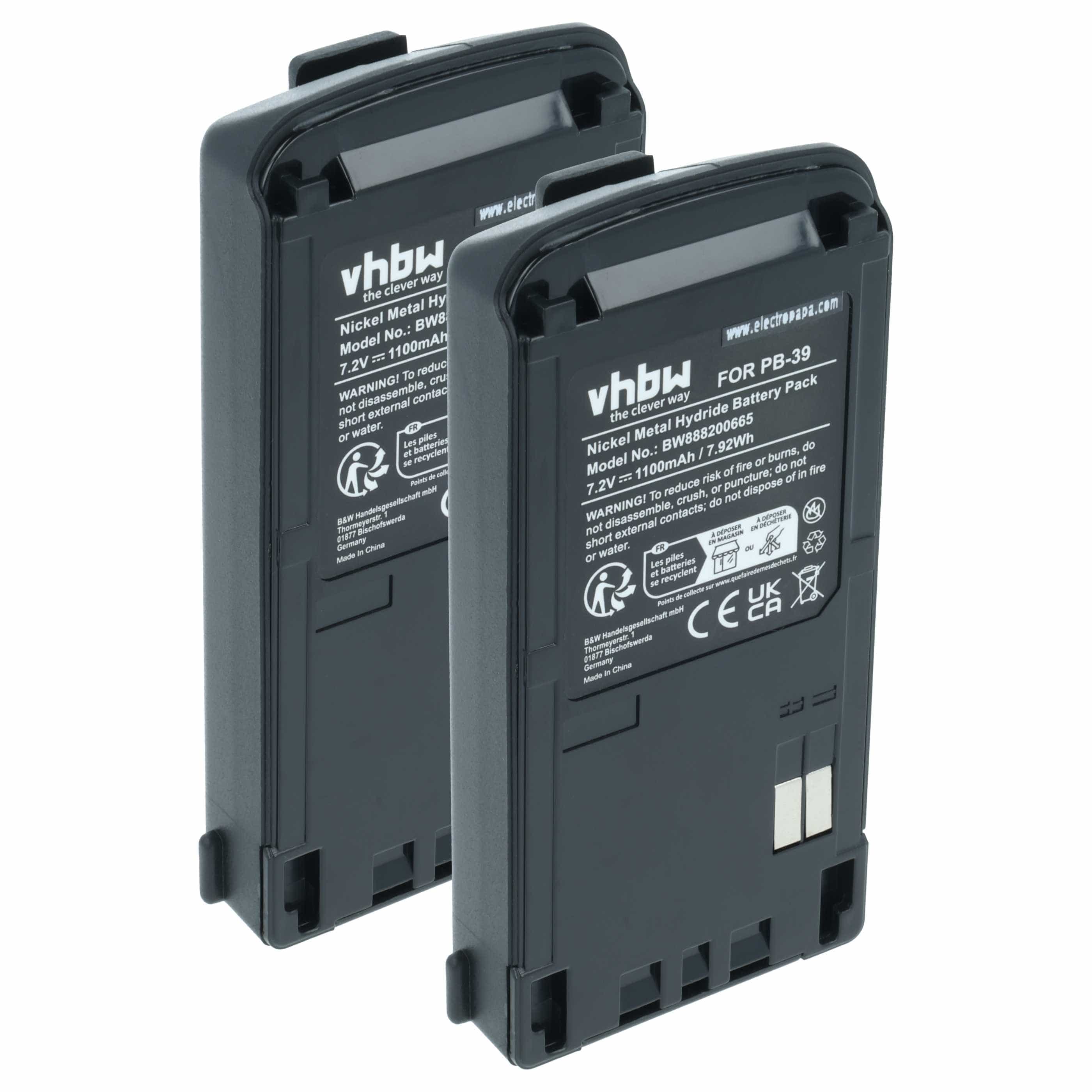 2x Batteria sostituisce Kenwood PB-39H, PB-39, PB-38 per dispositivo radio - 1100mAh 7,2V NiMH