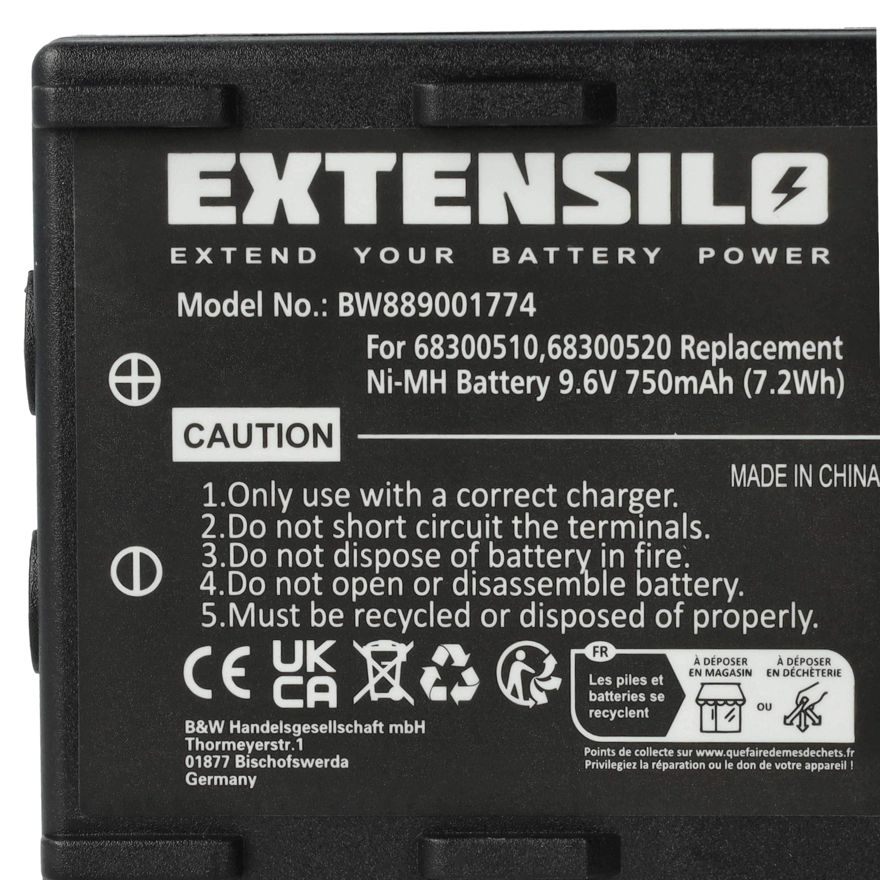 Batería reemplaza Abitron 68300510, 68300520, 68300525, 68300530, HE520 sistema control - 750mAh 9,6V NiMH