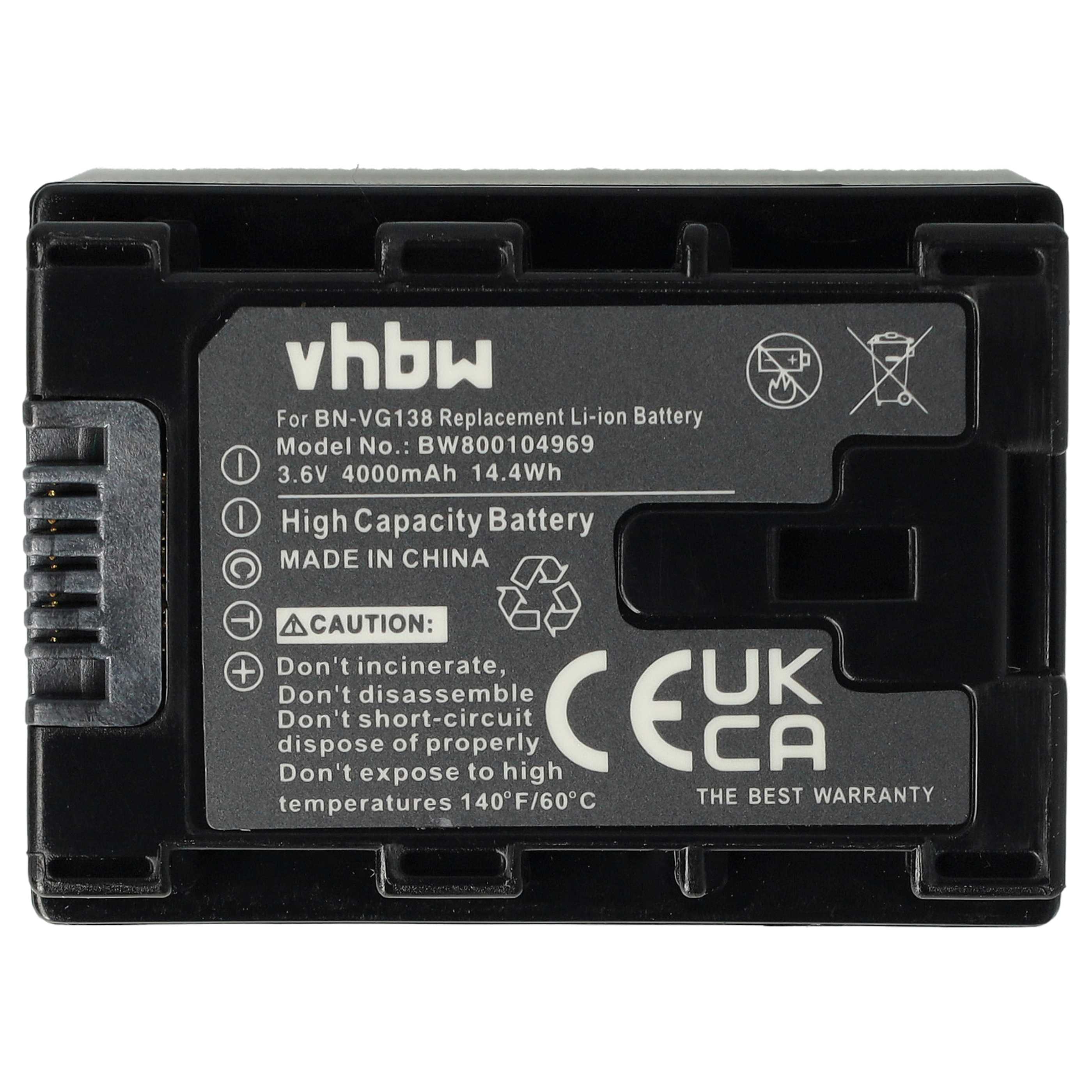 Videocamera Battery replaces JVC BN-VG138SU, BN-VG138, BN-VG138E, BN-VG138AC - 4000 mAh 3.6 V Li-Ion