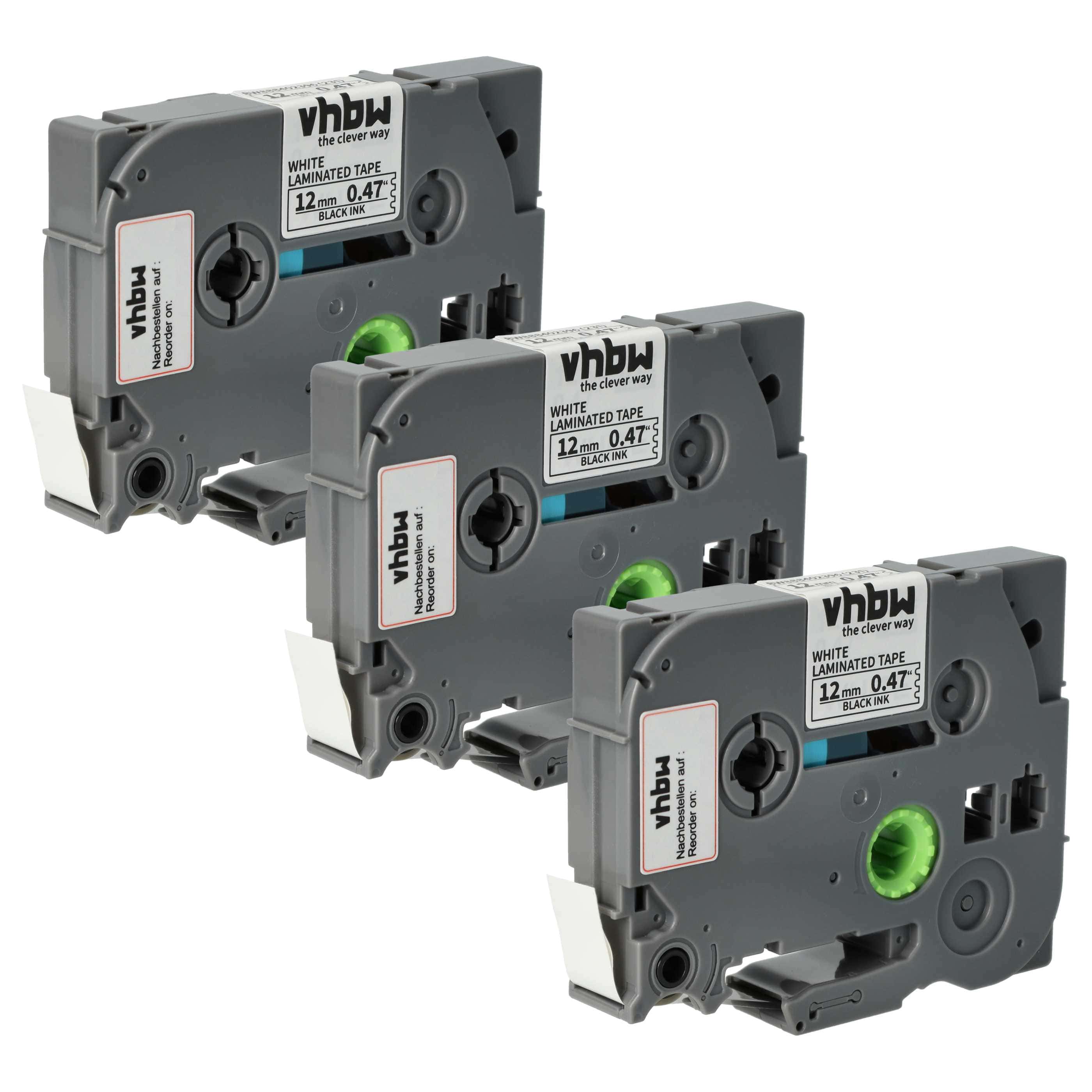 3x Label Tape replaces Brother TZE-231S - 12 mm Black to White