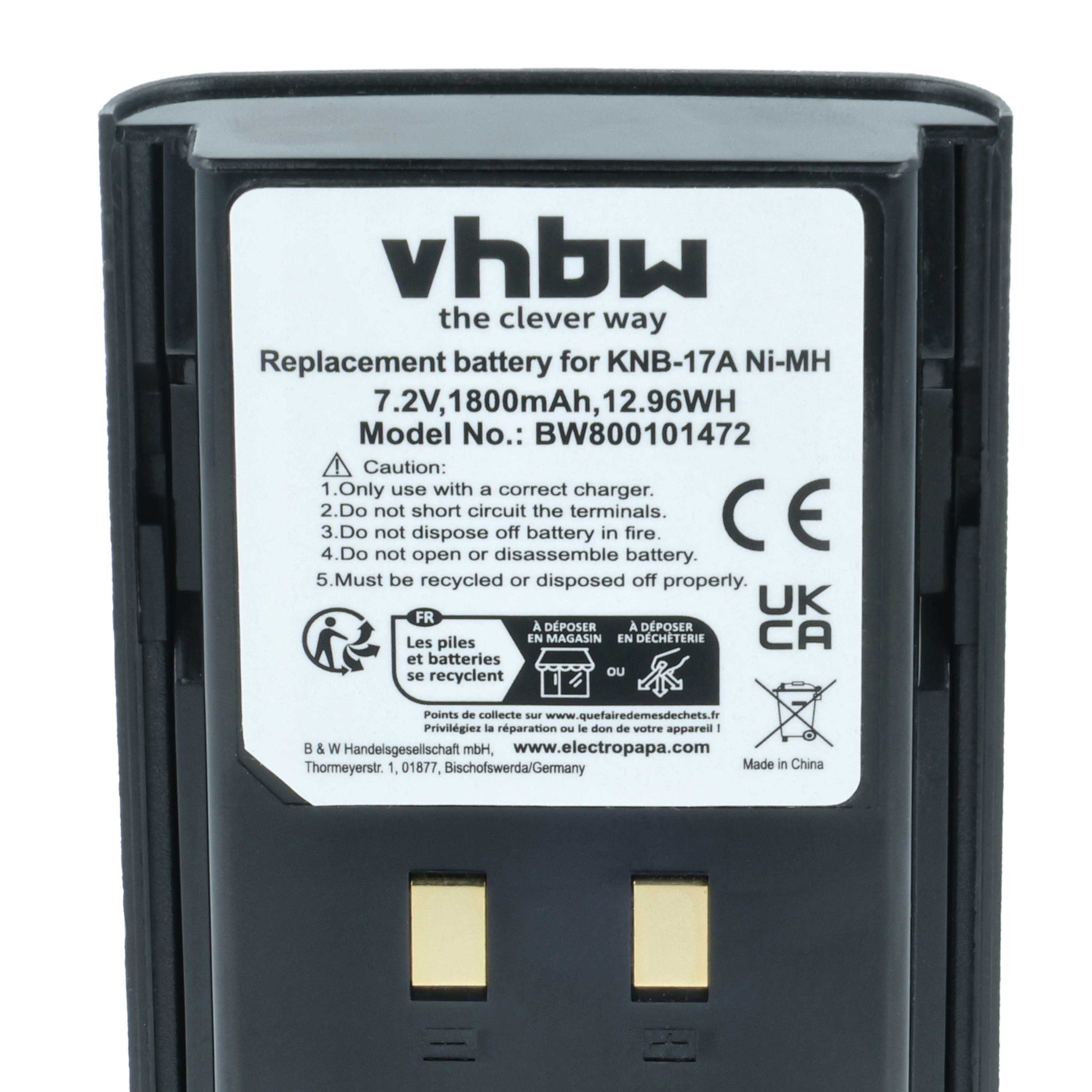 Radio Battery Replacement for Kenwood KNB-22N, KNB-21N, KNB-17N, KNB-17A, KNB-16A - 1800 mAh 7.2 V NiMH