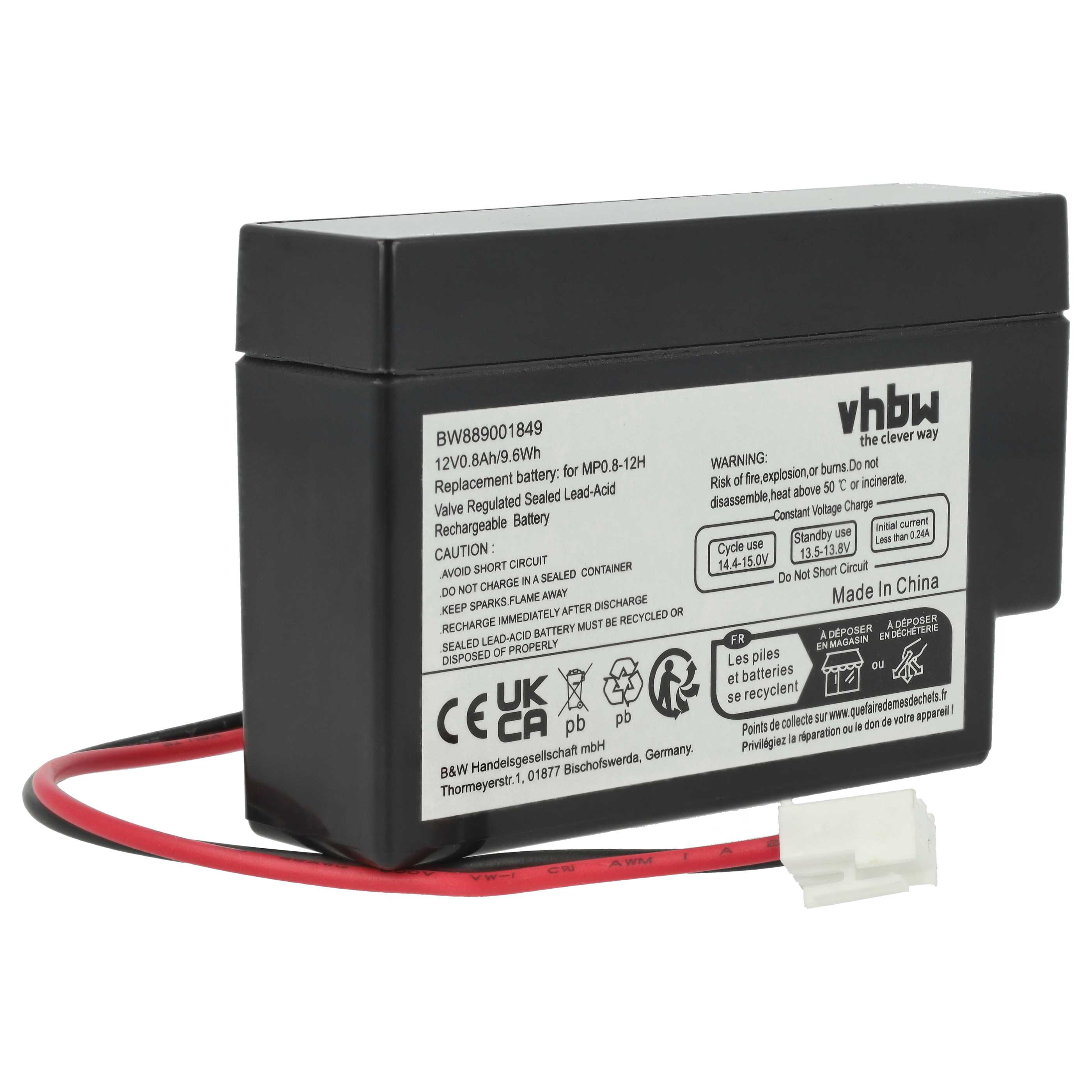 2x Batteria sostituisce MP0.8-12H universale per diversi dispositivi - 800mAh 12V AGM, connettore JST