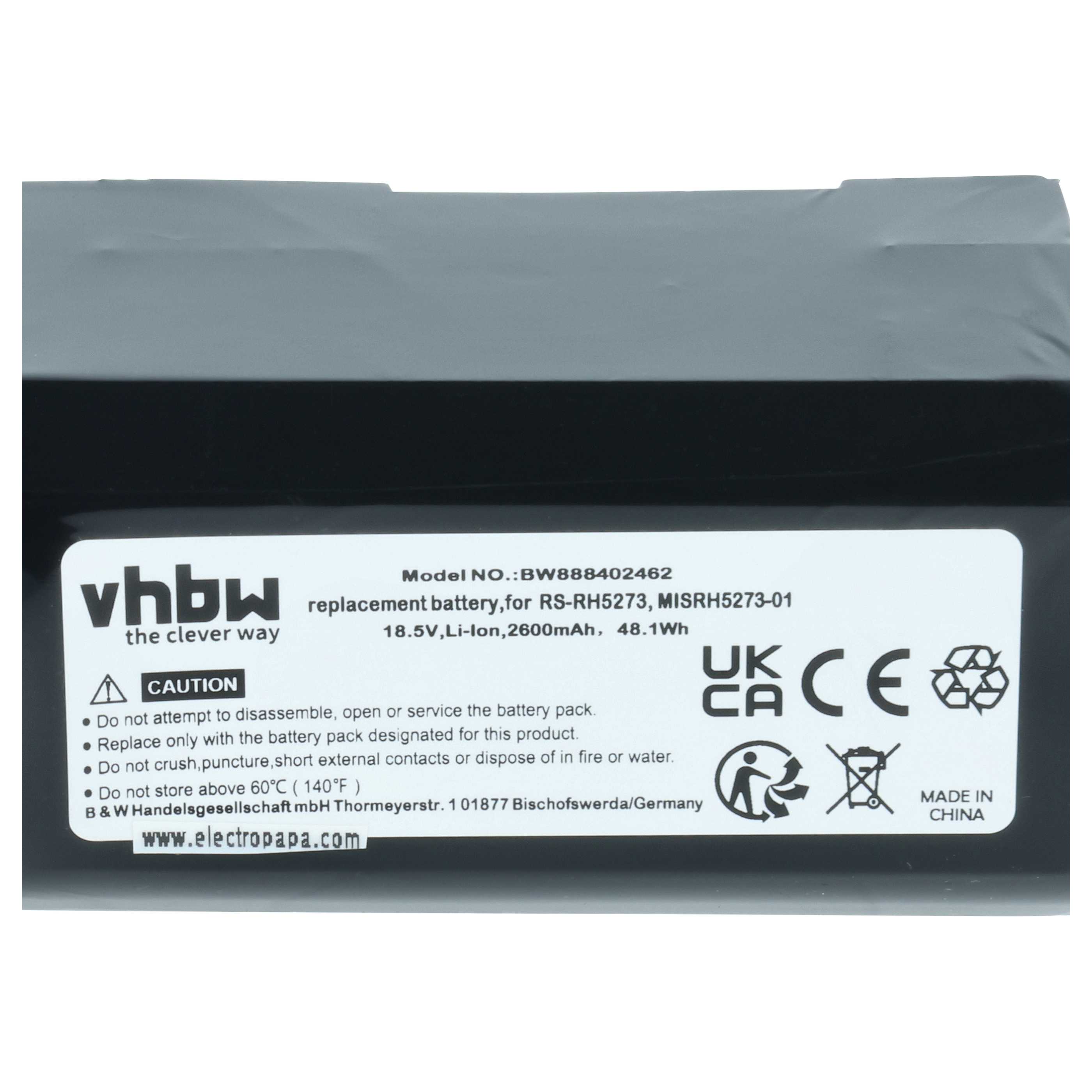 Battery replaces Rowenta MISRH5273-01, RS-RH5273 for Tefal etc. 2600mAh, 18.5V, Li-polymer