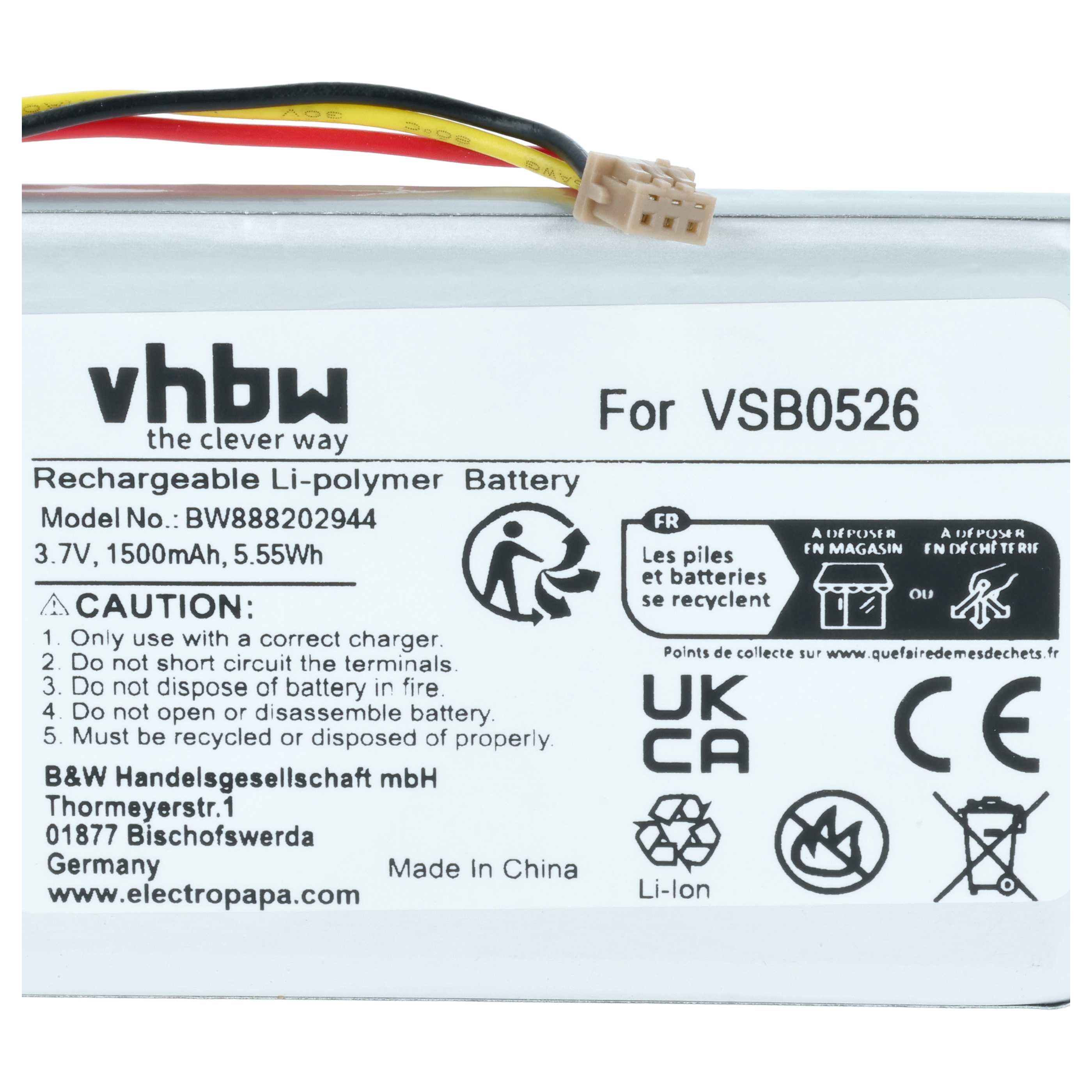 Battery replaces Panasonic VSB0526 - 1500mAh, 3.7V, Li-polymer