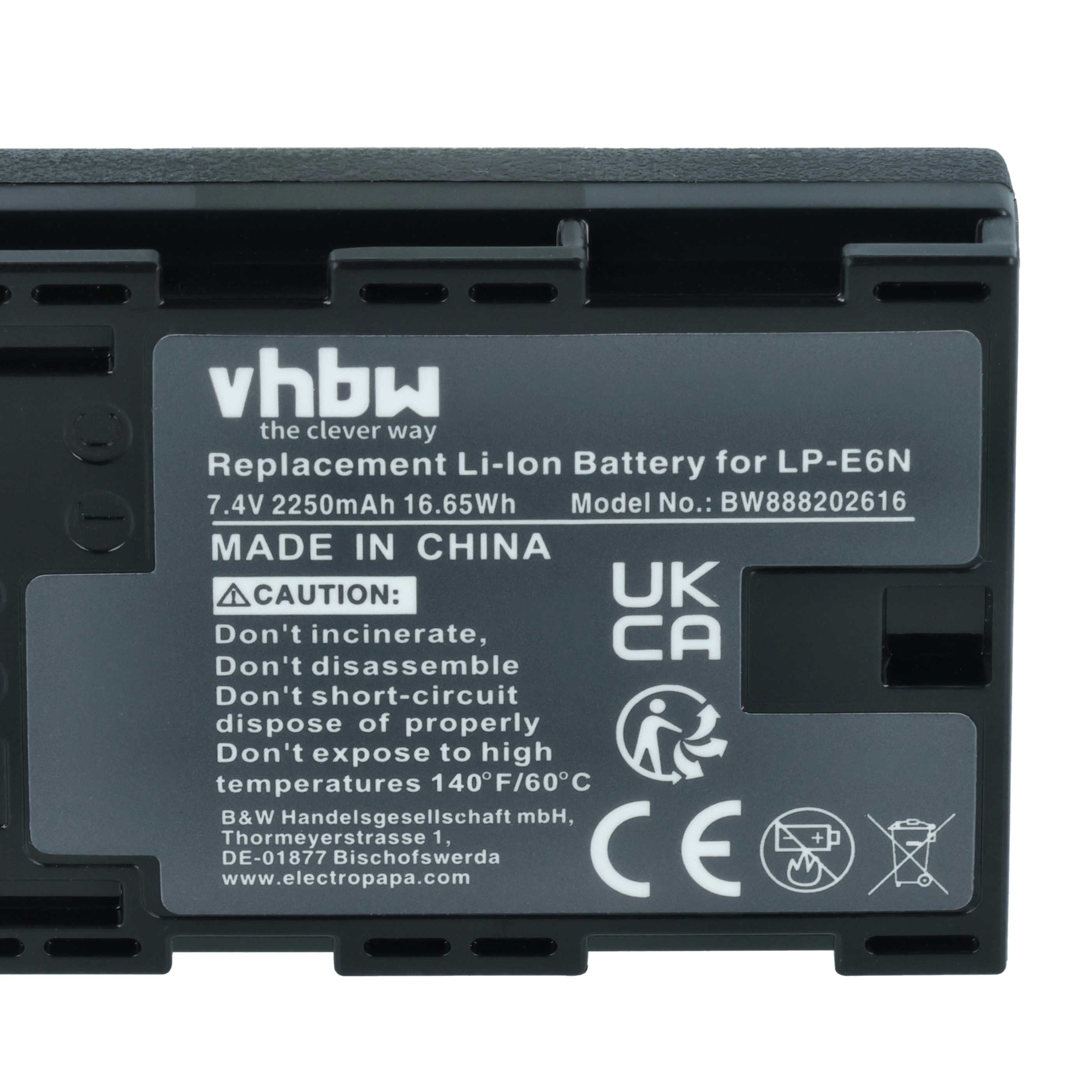 Battery replaces Canon LP-E6N - 2250mAh, 7.4V, Li-Ion with Info Chip