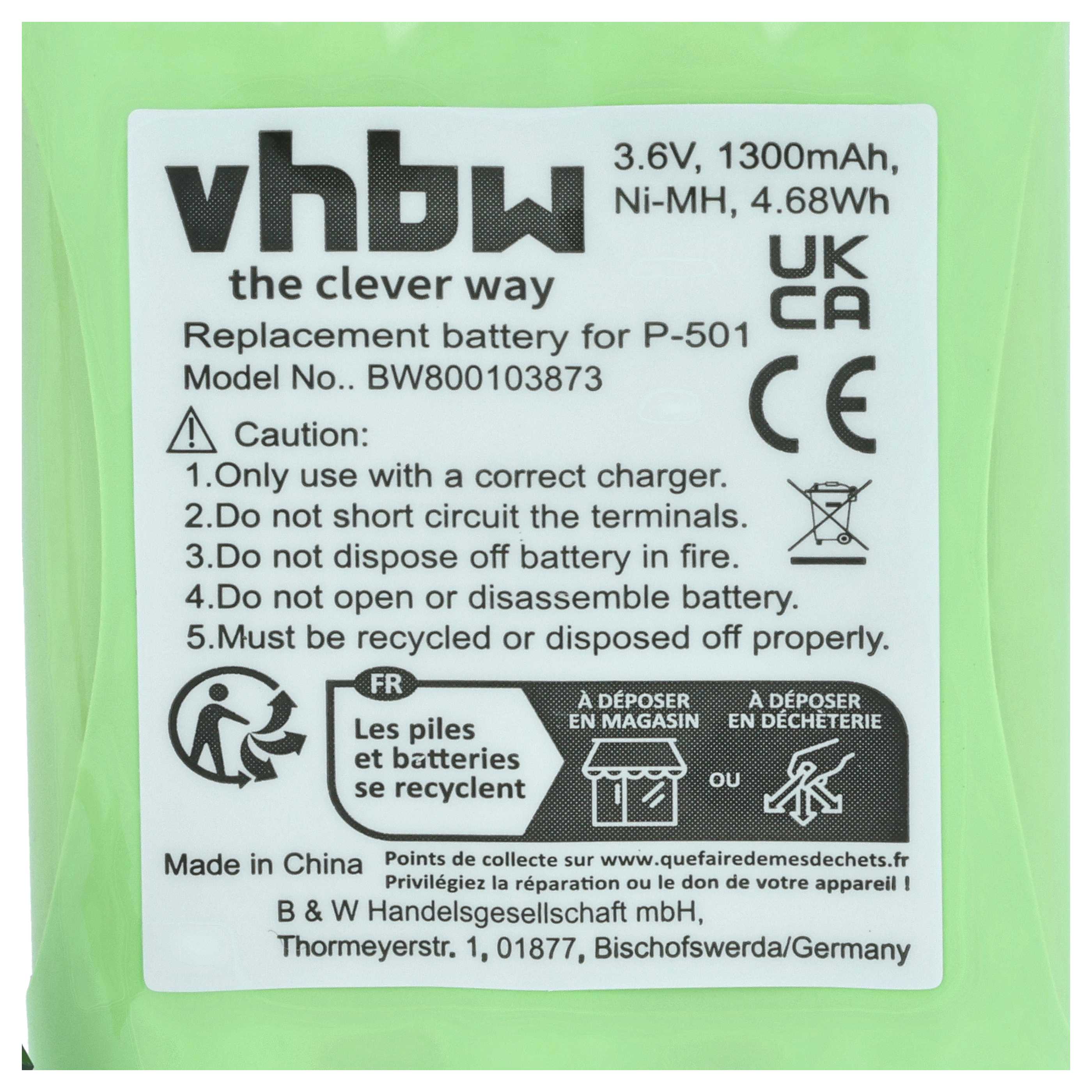 Batería reemplaza BT-905, BP-T18, BP-T24, BT-15, AAx3, BT-800 para Toshiba - 1300mAh 3,6V NiMH, 3x celdas