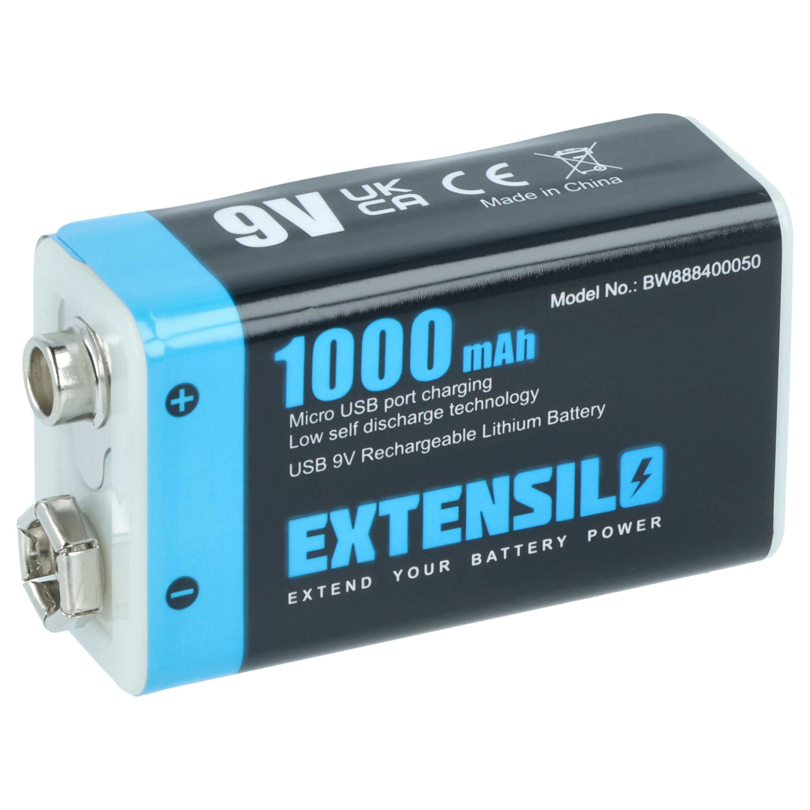 9V Akku als Ersatz für Daitem BATV13 - 1 Ah 9V Li-Polymer mit Micro USB Buchse - universell einsetzbar