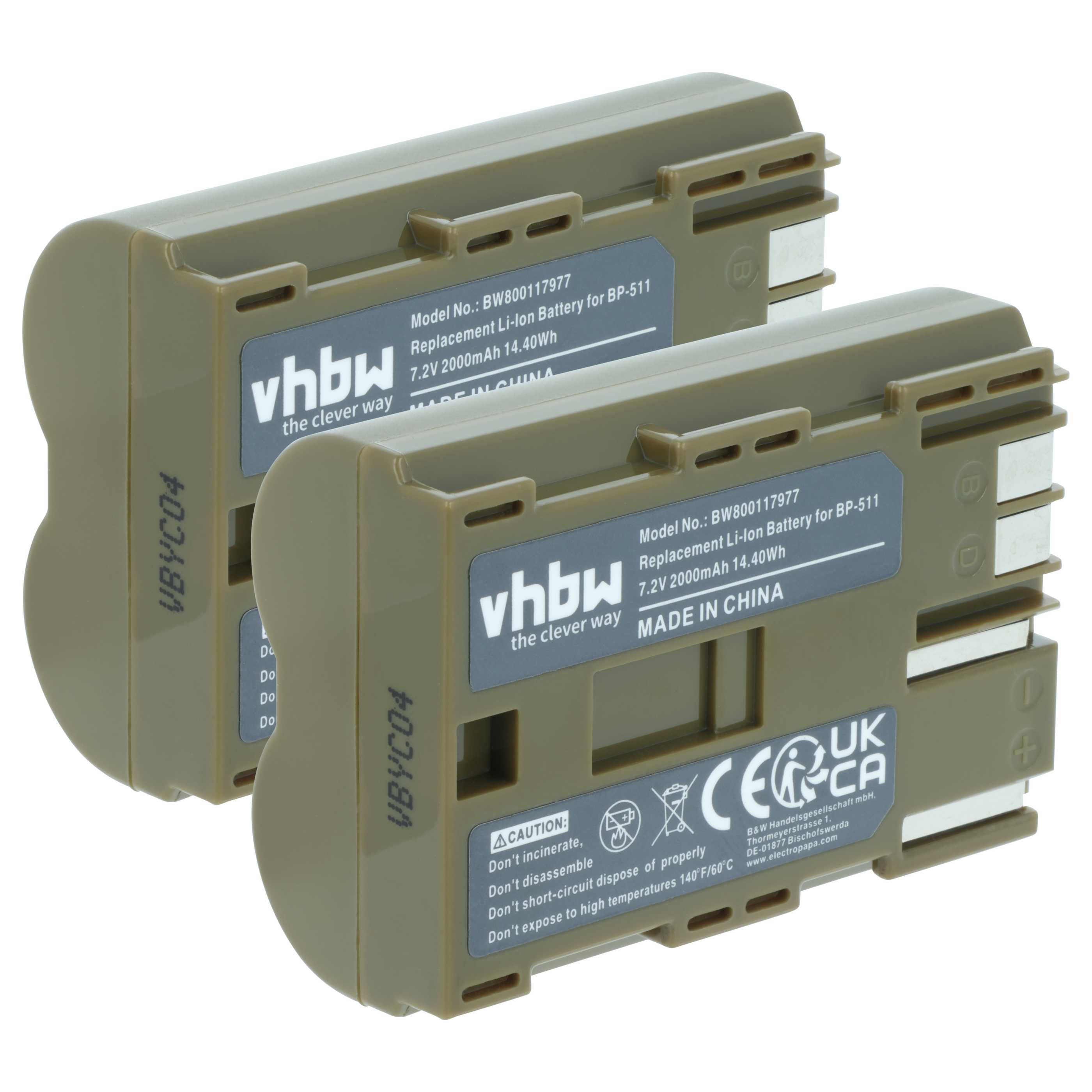 2x Battery replaces Canon BP-511A, BP-512, BP-514, BP-511, BP-508 - 2000mAh, 7.4V, Li-Ion