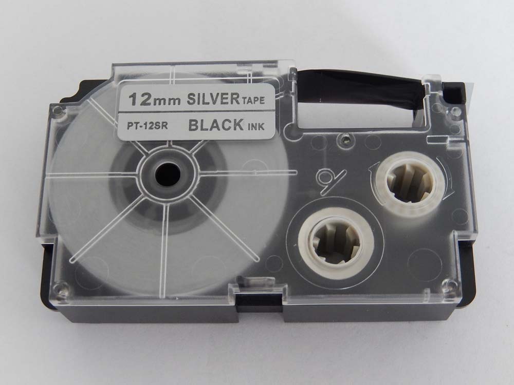 Taśma do etykiet zam. Casio XR-12SR, XR-12SR1 - 12mm, napis czarny / taśma srebrna