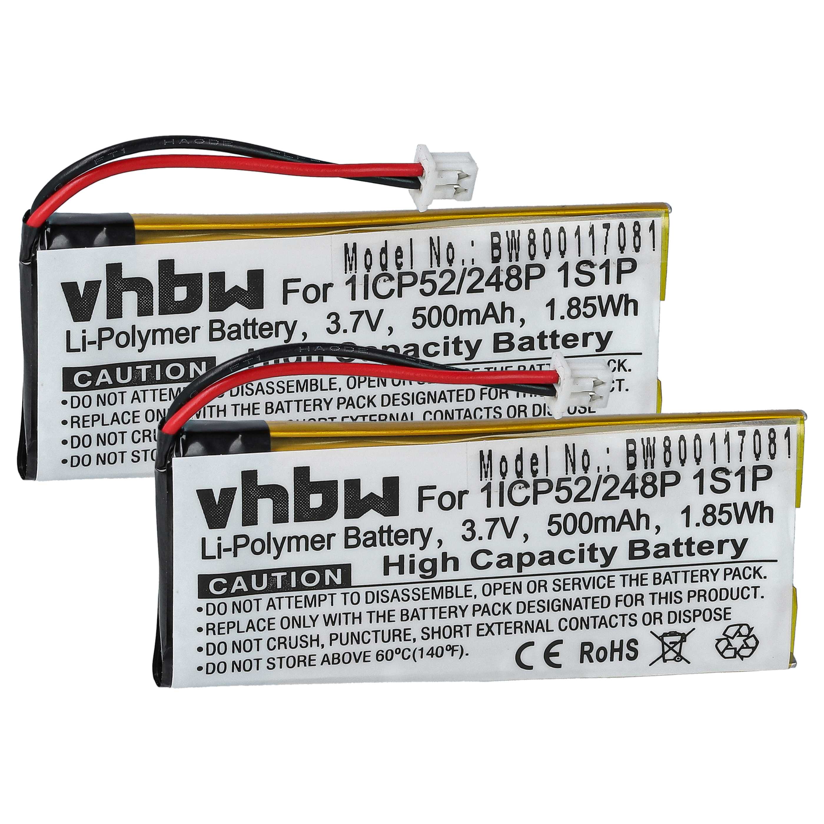 2x Akumulator do słuchawek bezprzewodowych zamiennik Sena 1ICP52/248P 1S1P - 500 mAh 3,7 V LiPo
