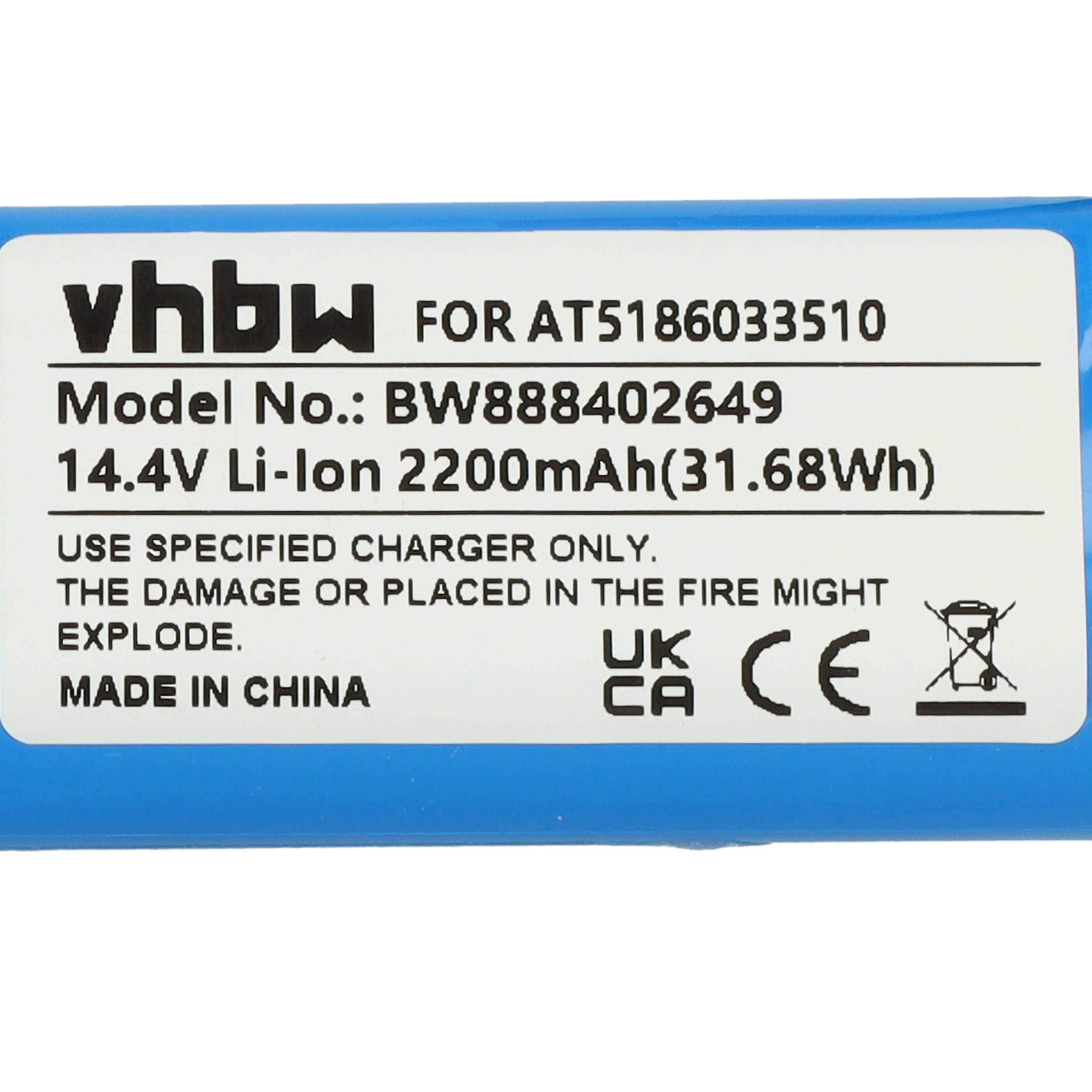 Battery replaces Ariete AT5186033510 for Ariete etc. 2200mAh, 14.4V, Li-Ion