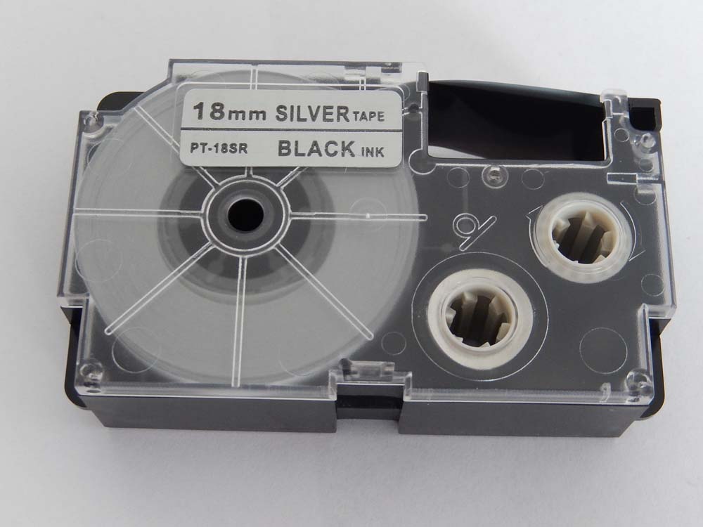 Cassette à ruban remplace Casio XR-18SR1, XR-18SR - 18mm lettrage Noir ruban Argent, pet+ RESIN