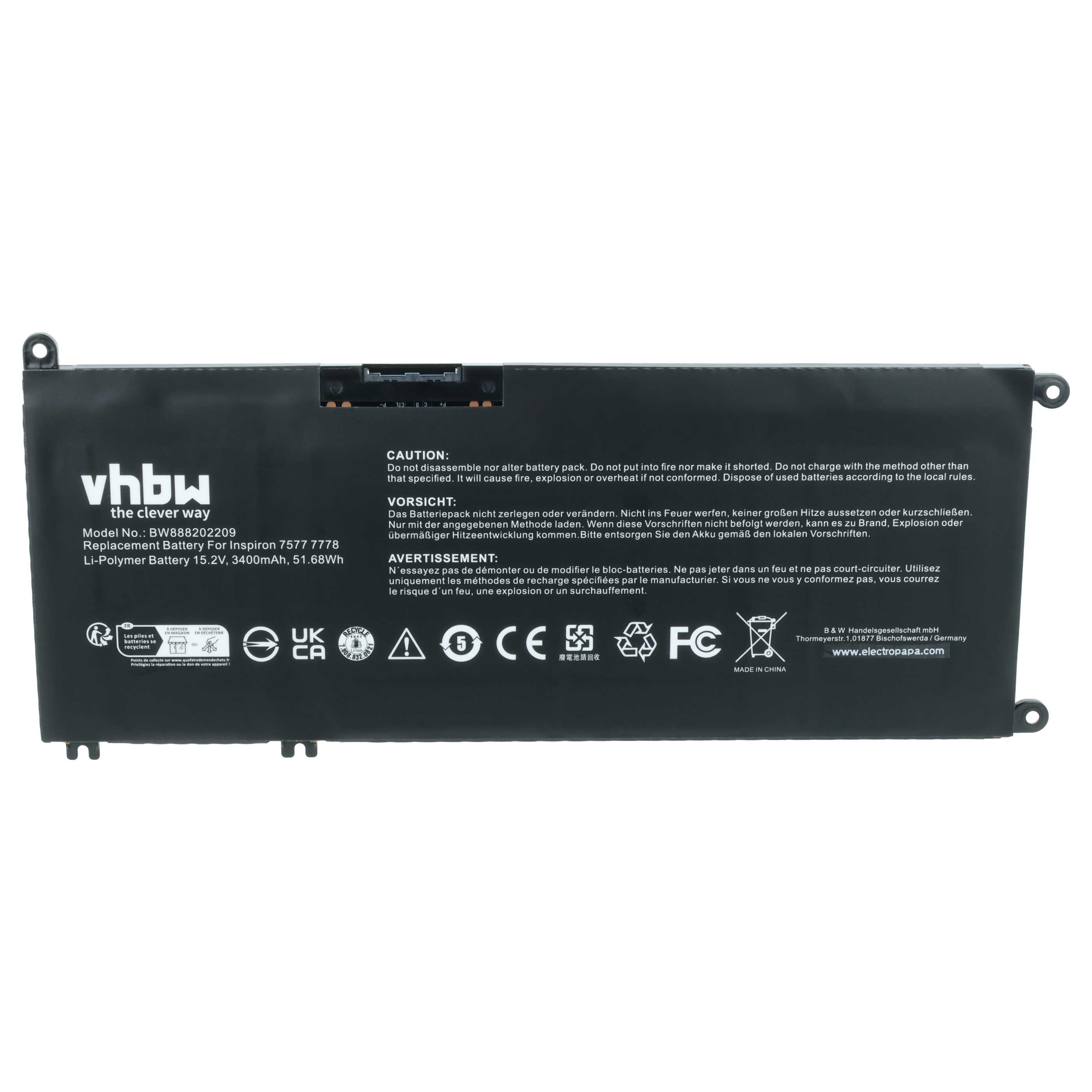 Batteria sostituisce Dell P30E, 7FHHV, 33YDH, 07FHHV, P72F, P30E001 per notebook - 3400mAh 15,2V Li-Ion
