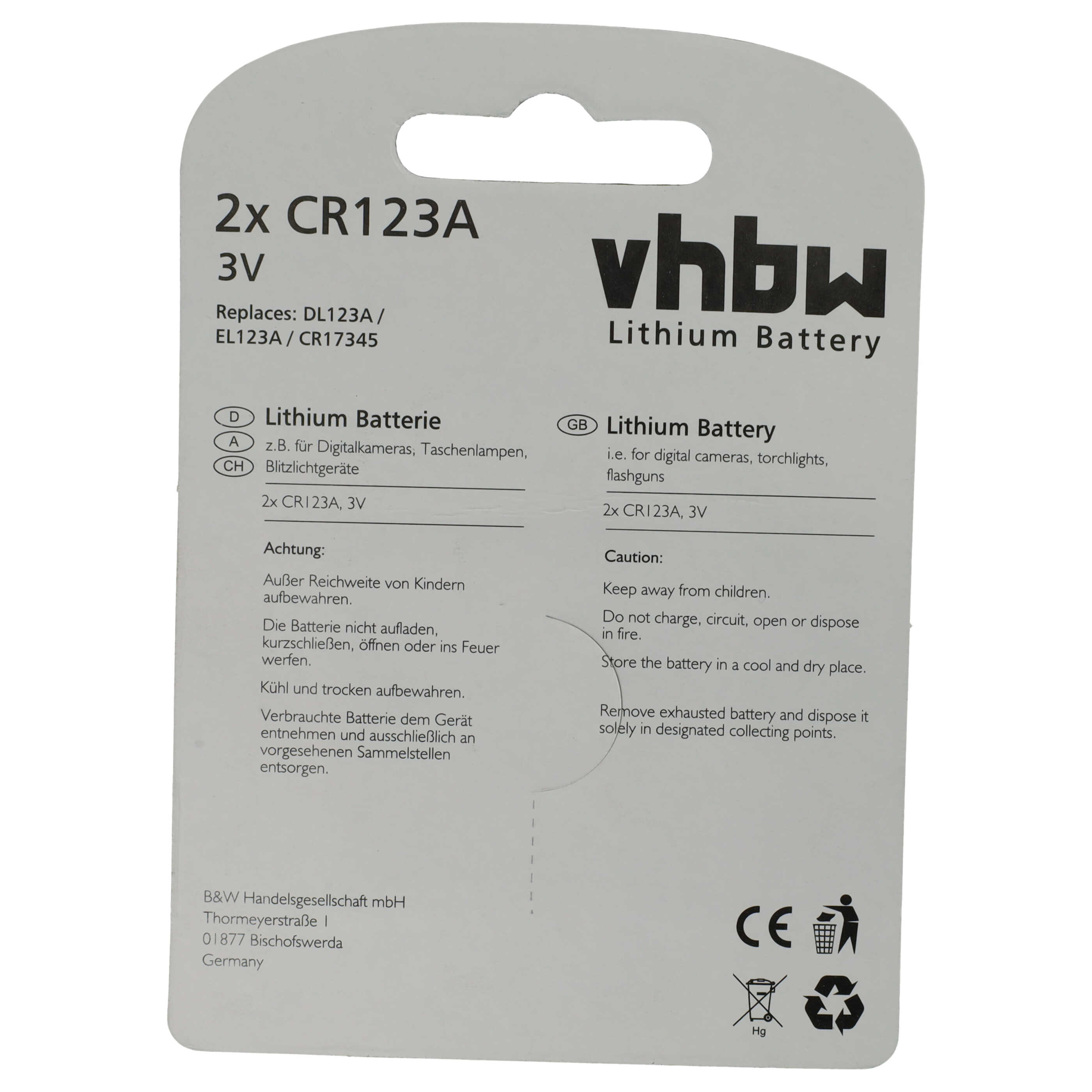 Universal Batterie (2 Stück) als Ersatz für 16340, CR17435, DL123A, CR17345, CR123A - 1600mAh 3V Li-Ion
