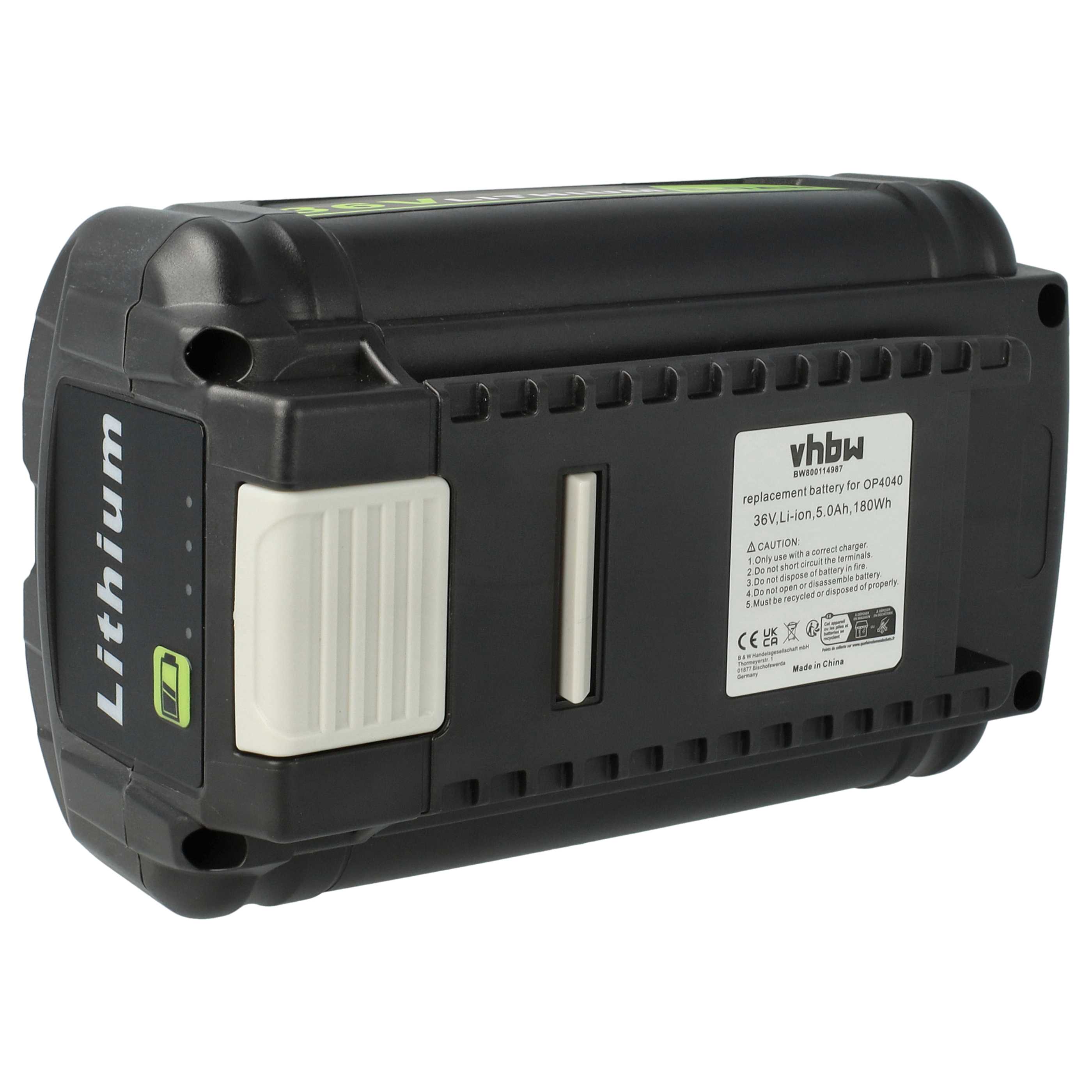 Battery replaces Ryobi BPL3626, BPL3626D, BPL3640, BPL3640D, BPL3650, 5133002166 - 5 Ah 36 V Li-Ion, black