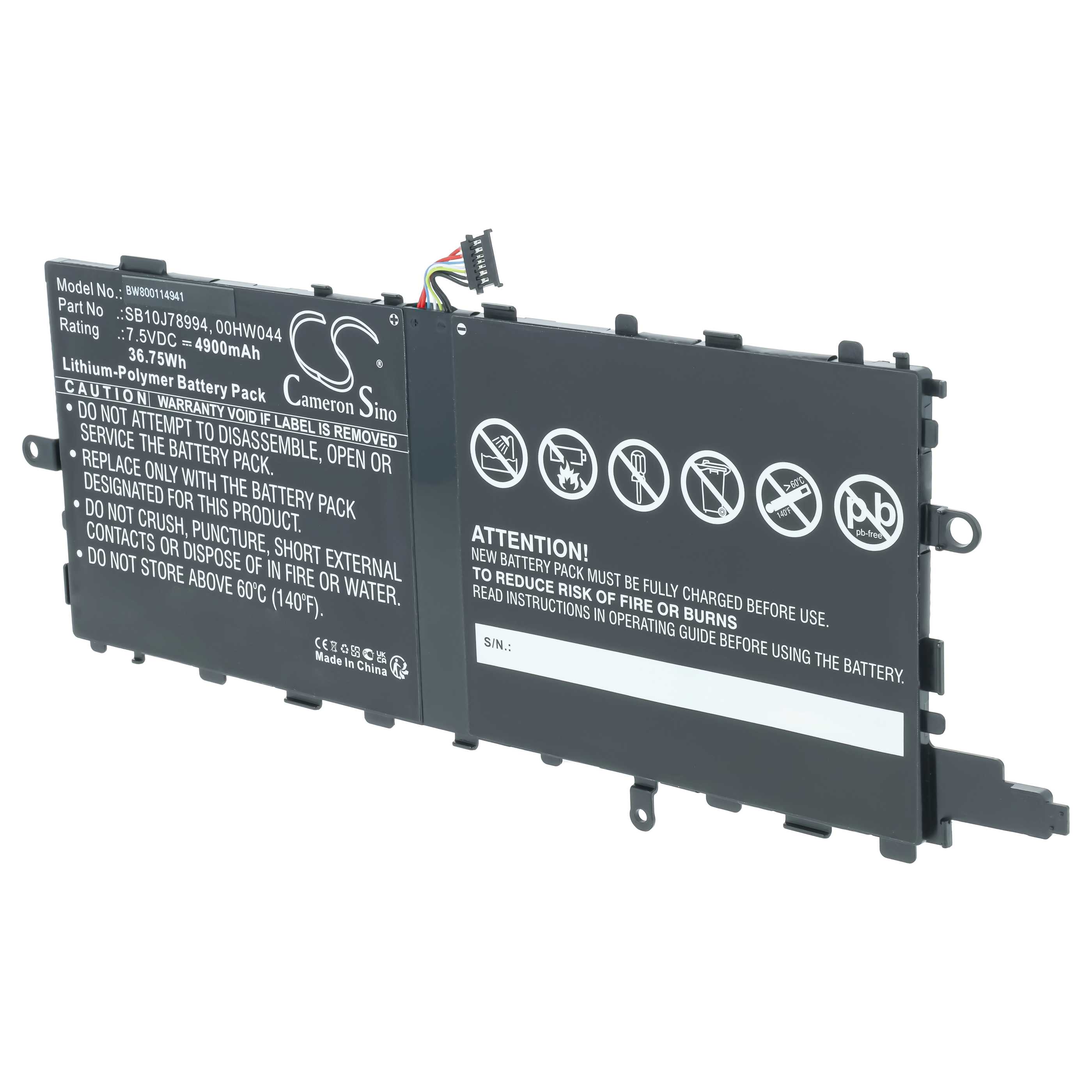 Batteria per tablet sostituisce Lenovo 00HW04, 00HW044, 00HW045, 00HW046, SB10J78993 - 4900mAh 7,5V Li-Poly