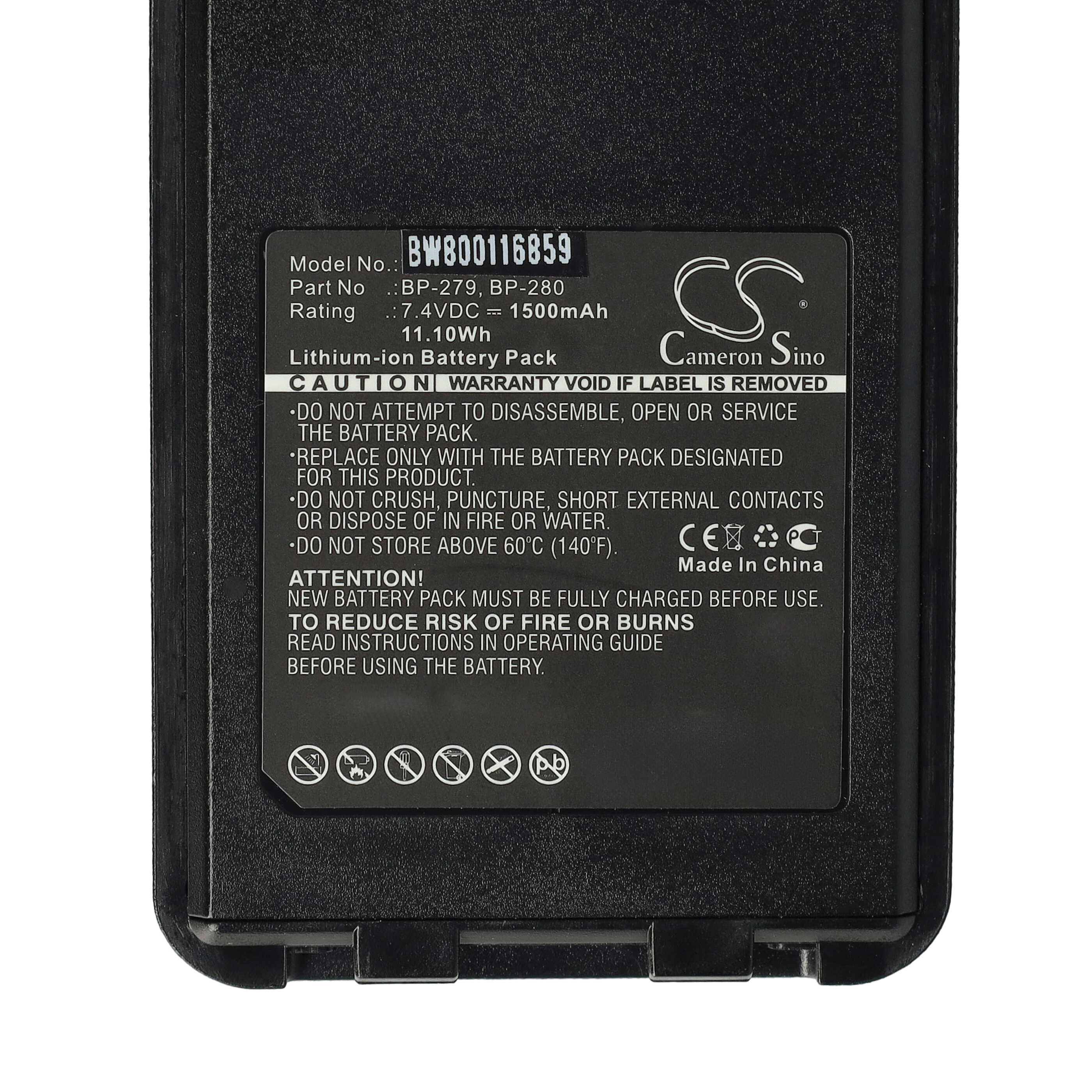 Batterie remplace Icom BP-279, BP-280, BP-280LI pour radio talkie-walkie - 1500mAh 7,4V Li-ion