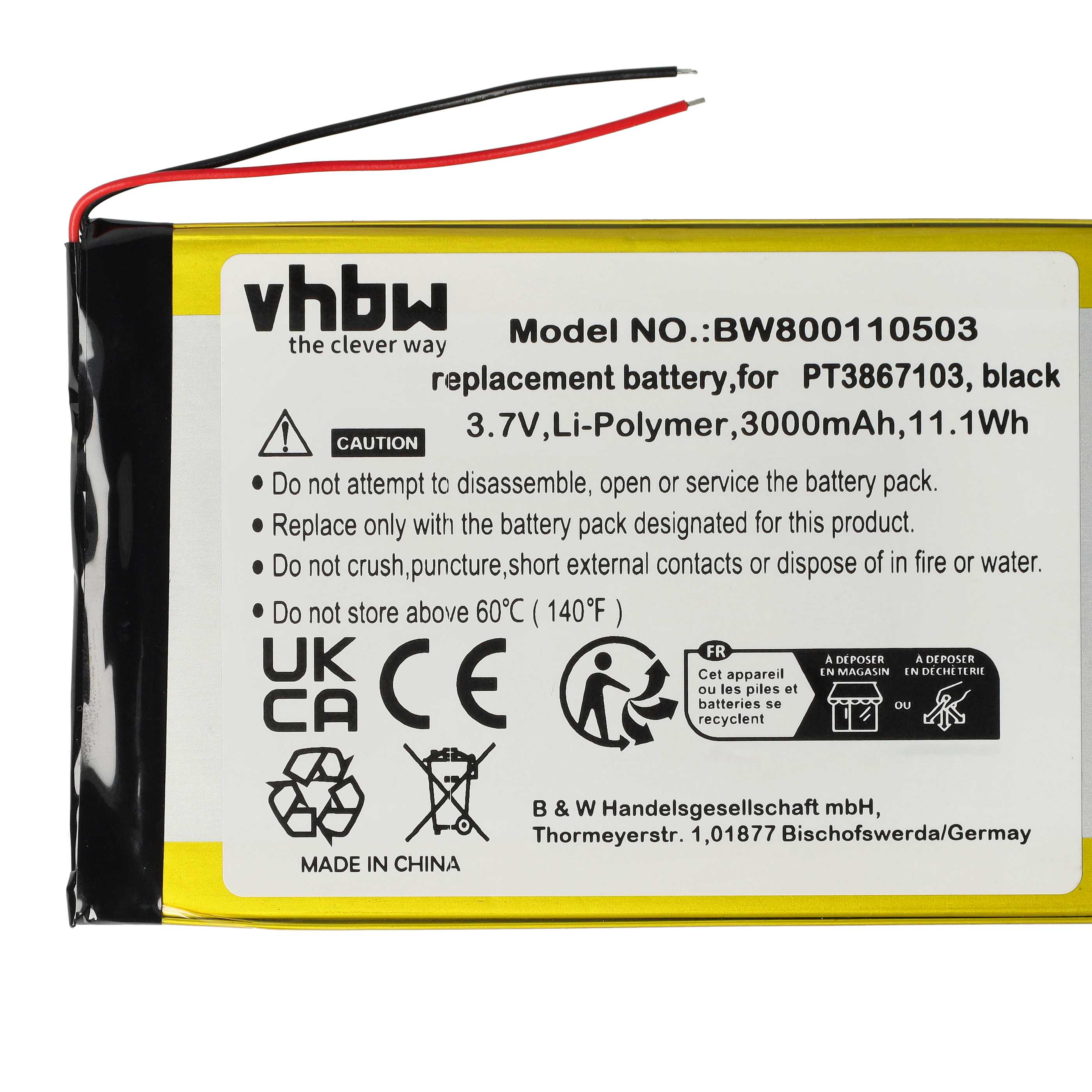 Batería reemplaza PT3867103 para tablet, Pad RCA - 3000 mAh 3,7 V Li-poli